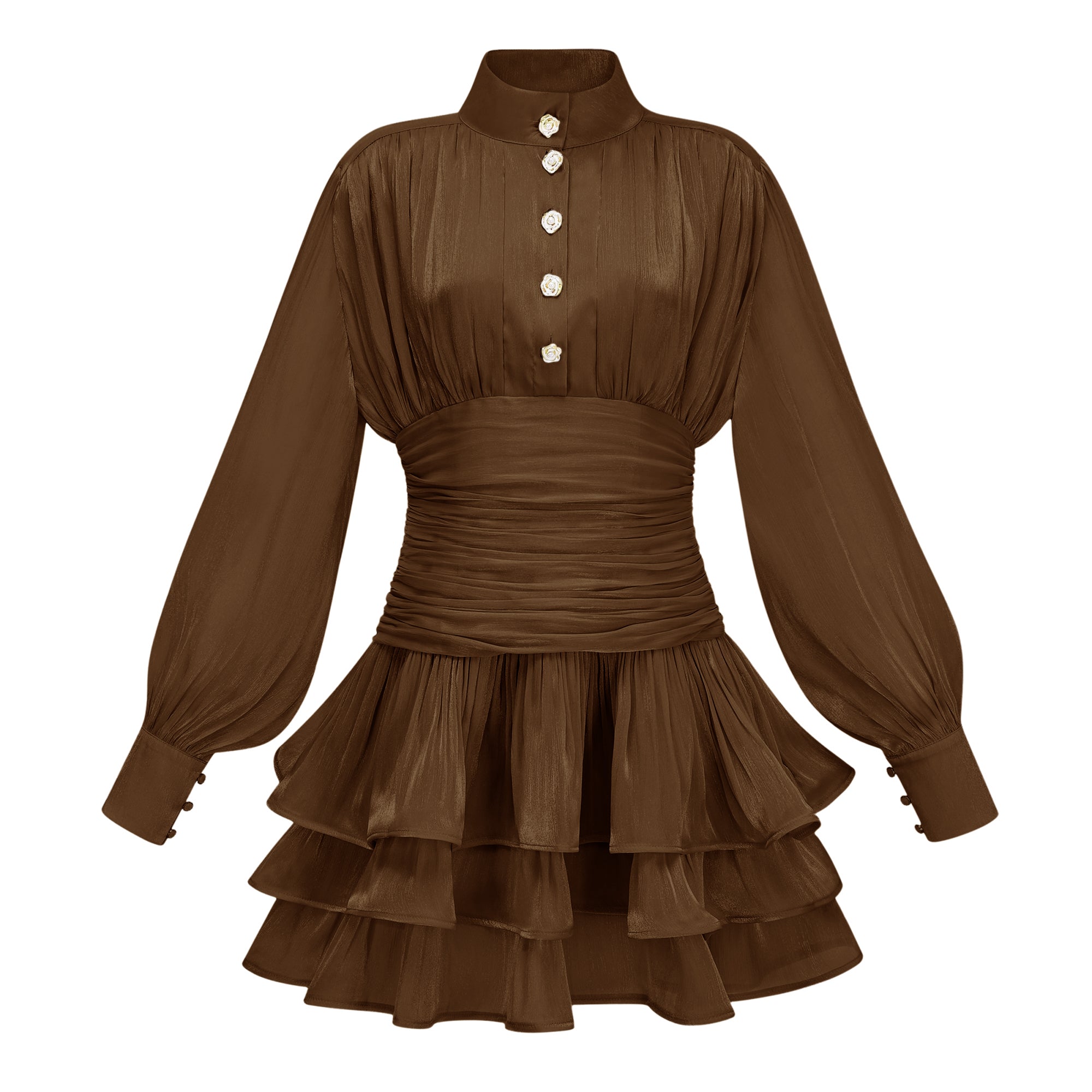 Emersyn Brown High-Neck Ruffled Detail Mini Dress