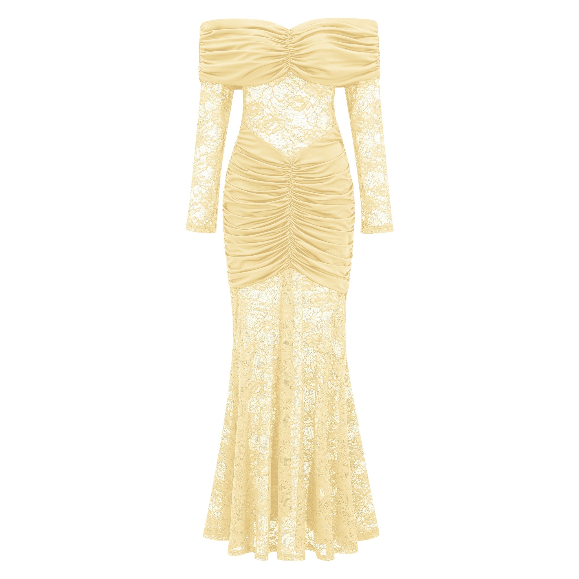 Brigitte Yellow Lace Panel Ruched Maxi Dress