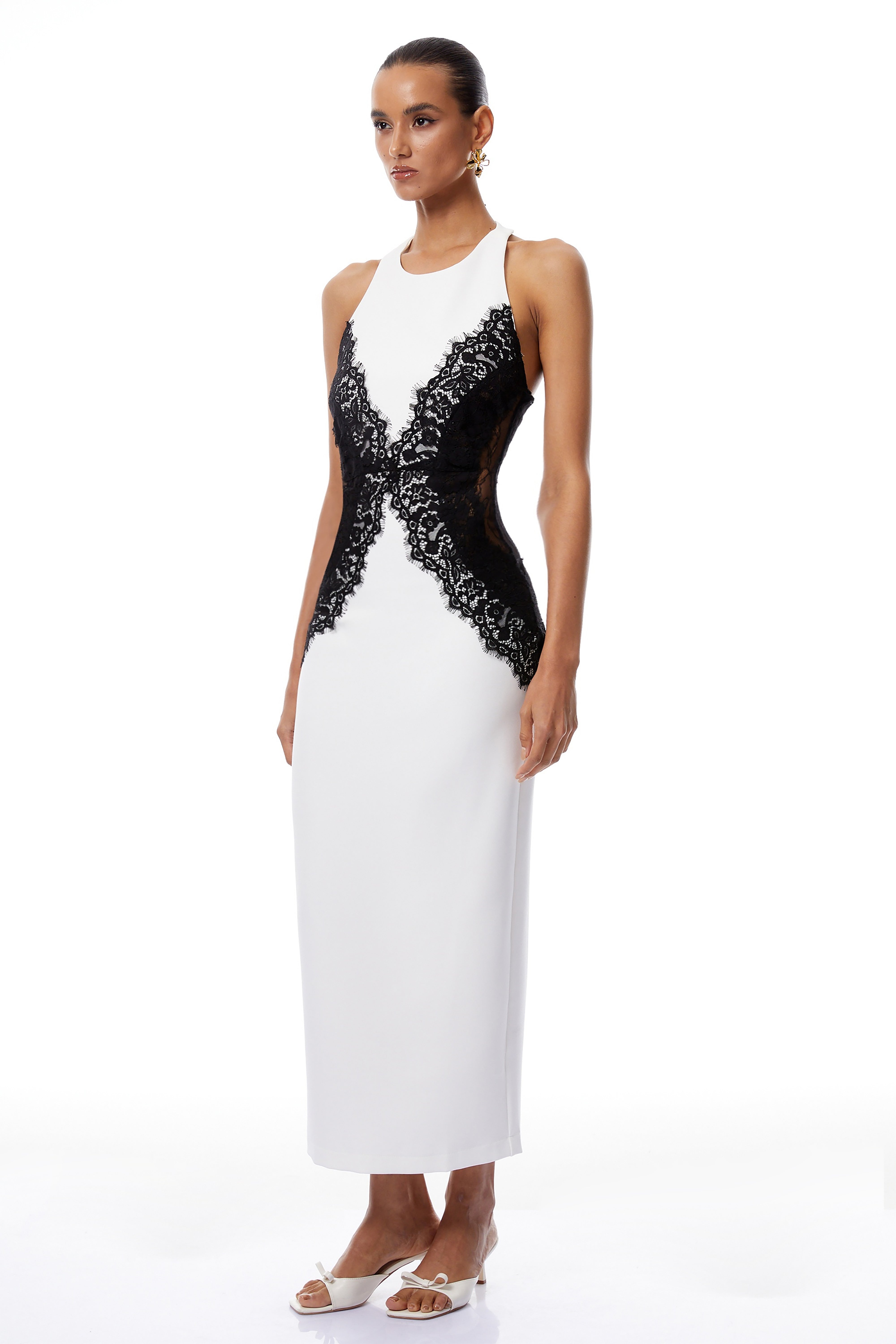 Ilaria White Halterneck Lace Panel Maxi Dress