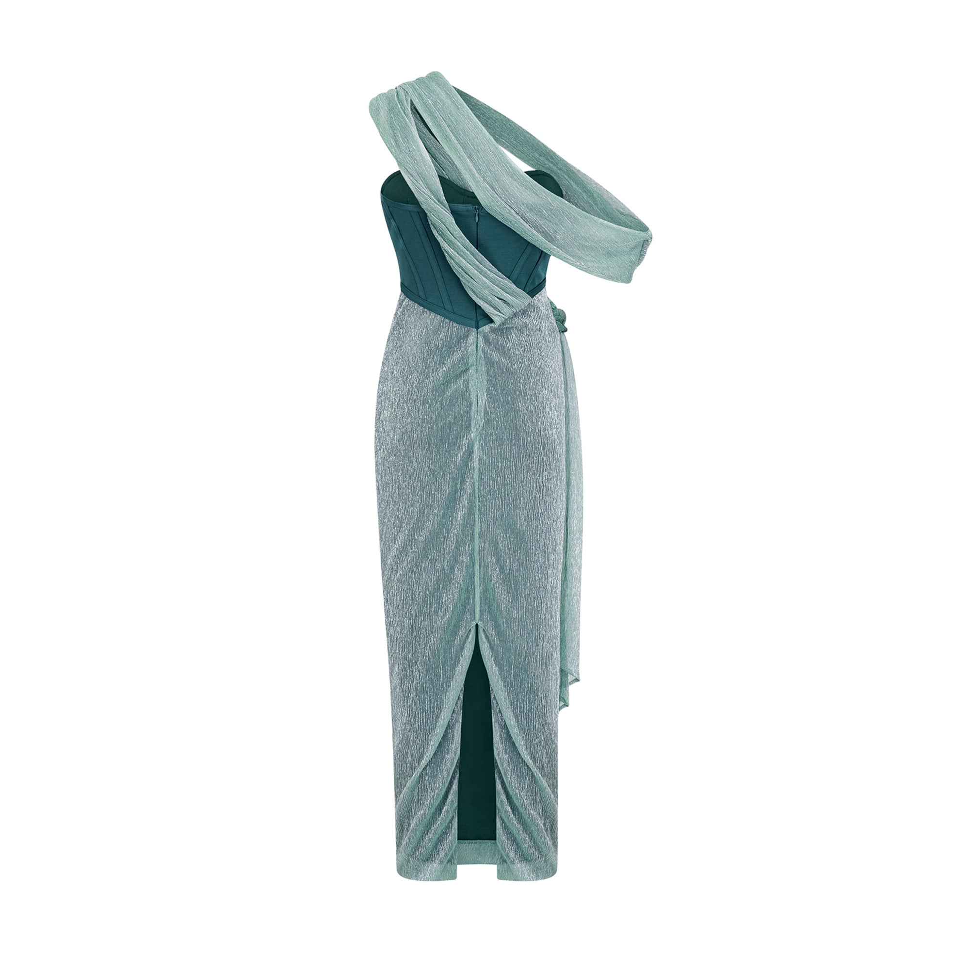 Delphine green ribbon-design corset maxi dress