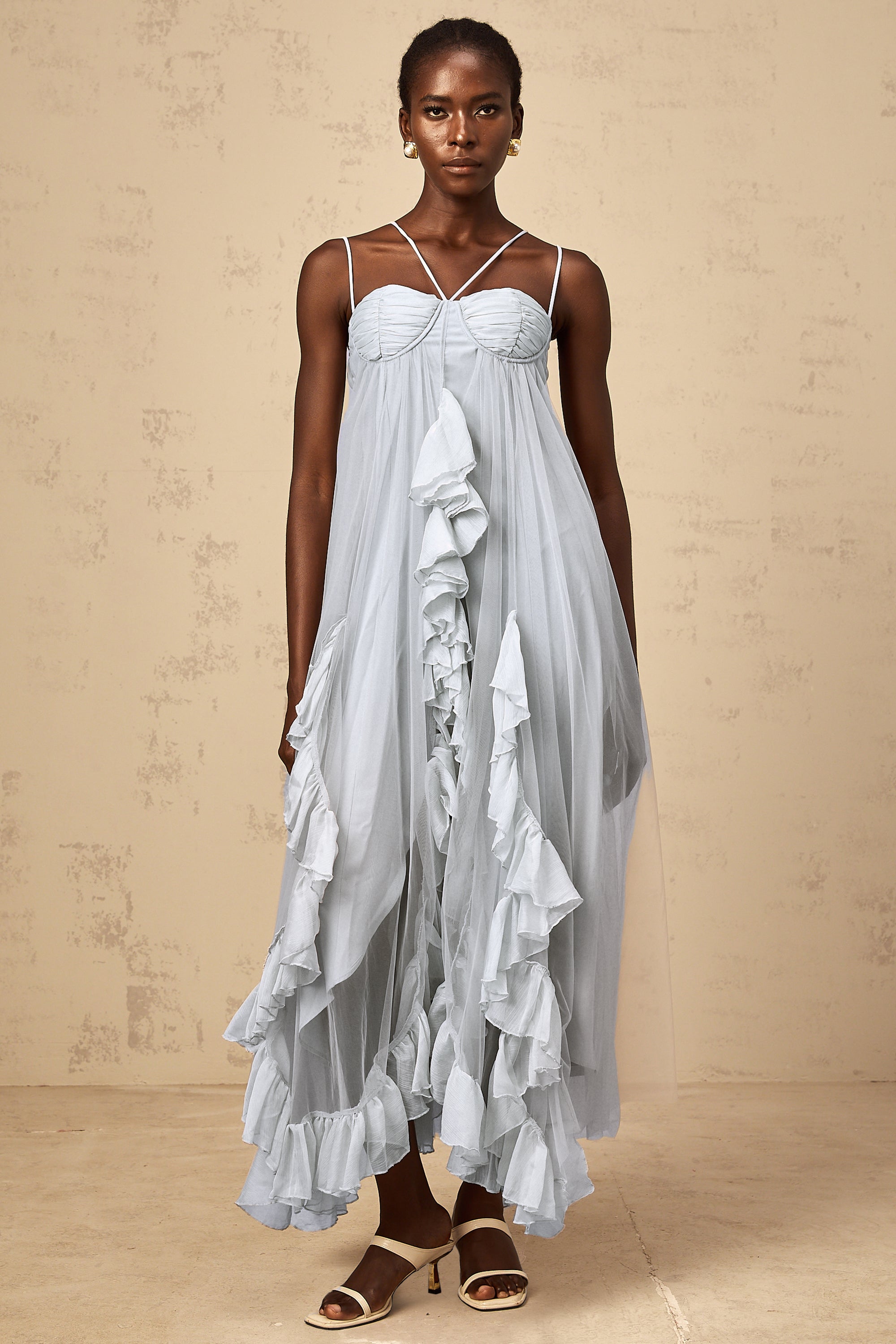 Colette layered ruffled tulle maxi dress in Blue