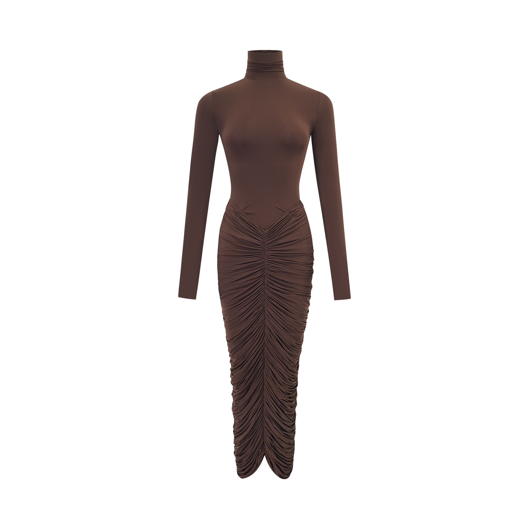 Charitina Brown Fitted Ruched Midi Dress