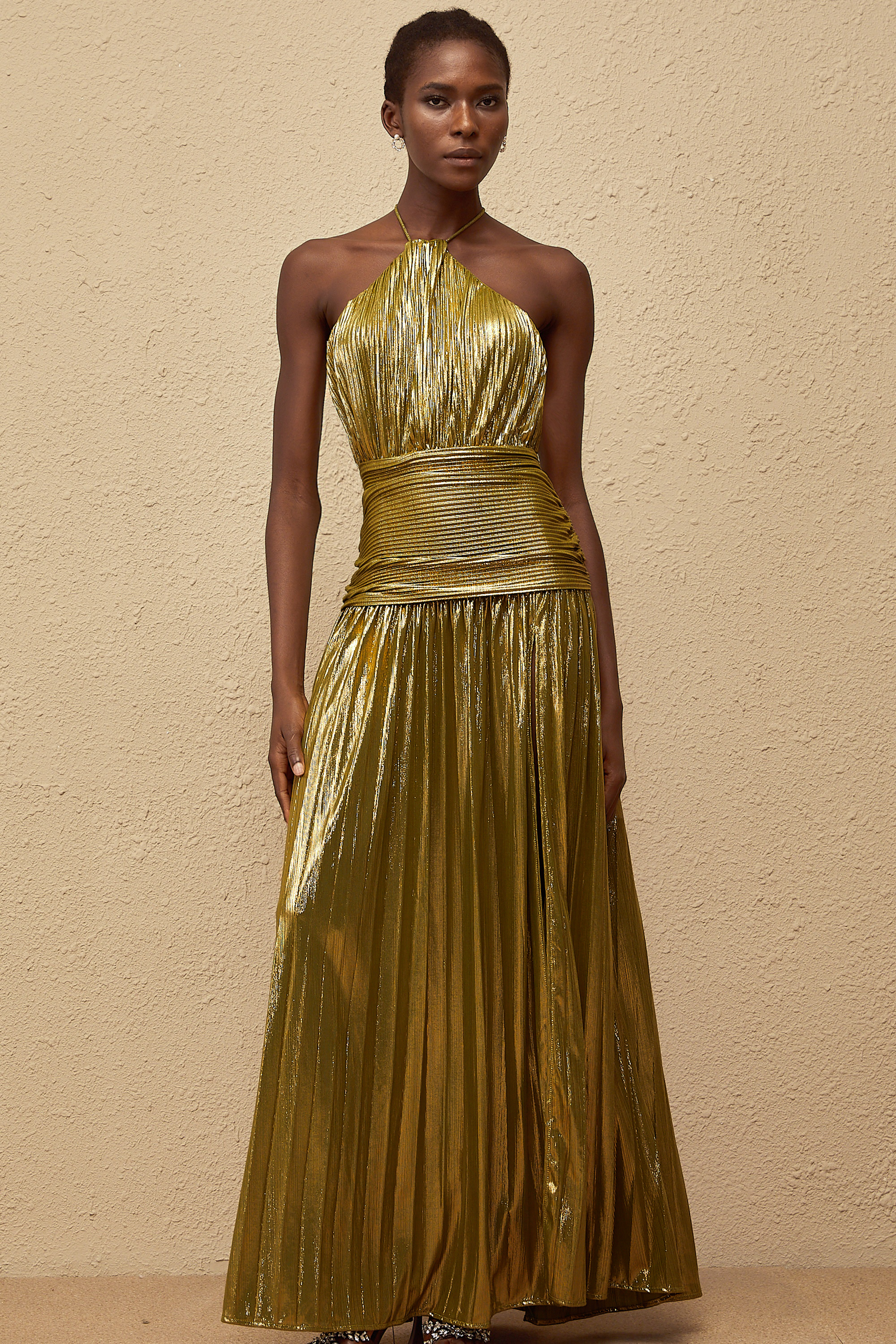 Alchimie Gold Glossy Pleated Maxi Dress