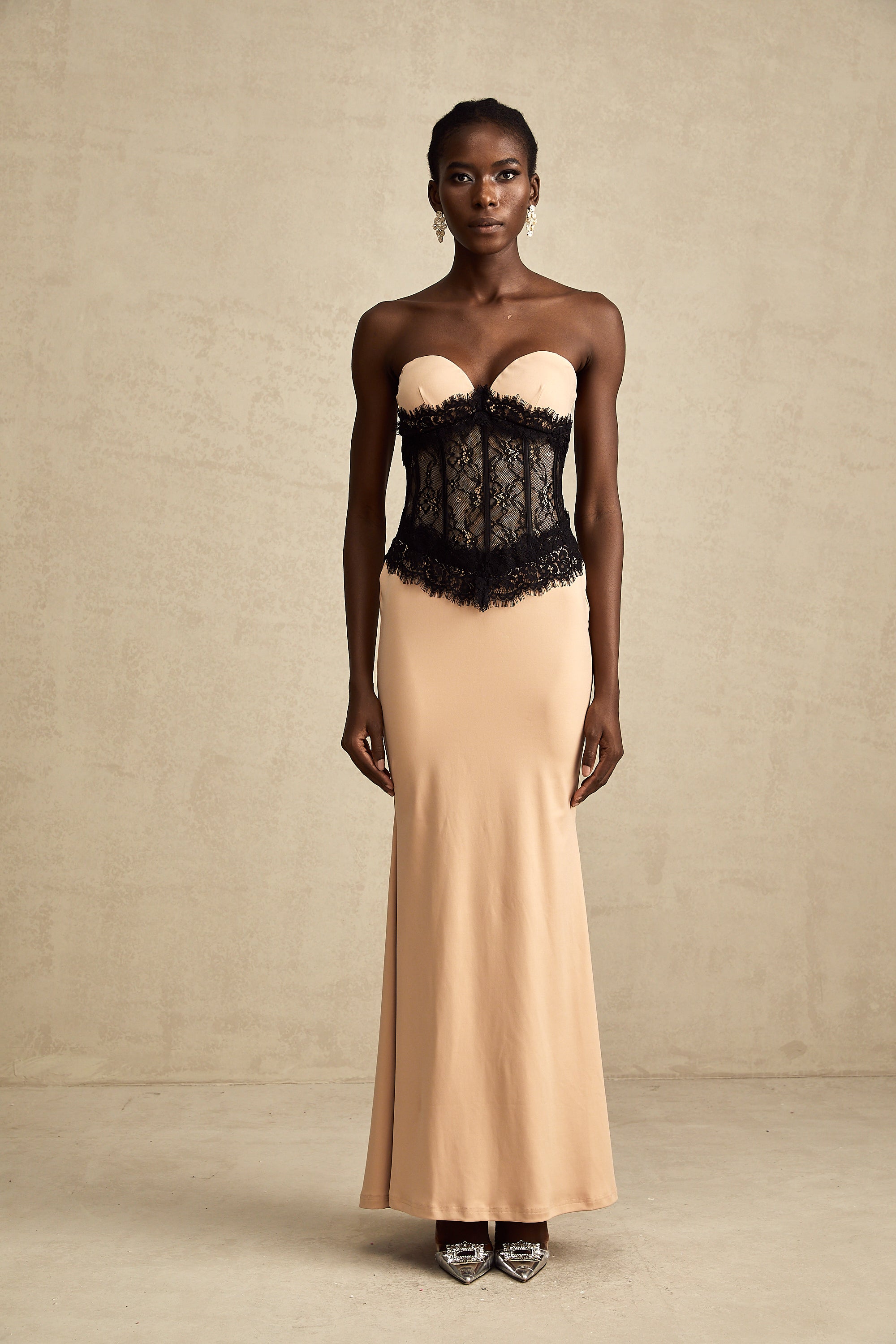 Delphine lace-panel off-shoulder corset maxi dress