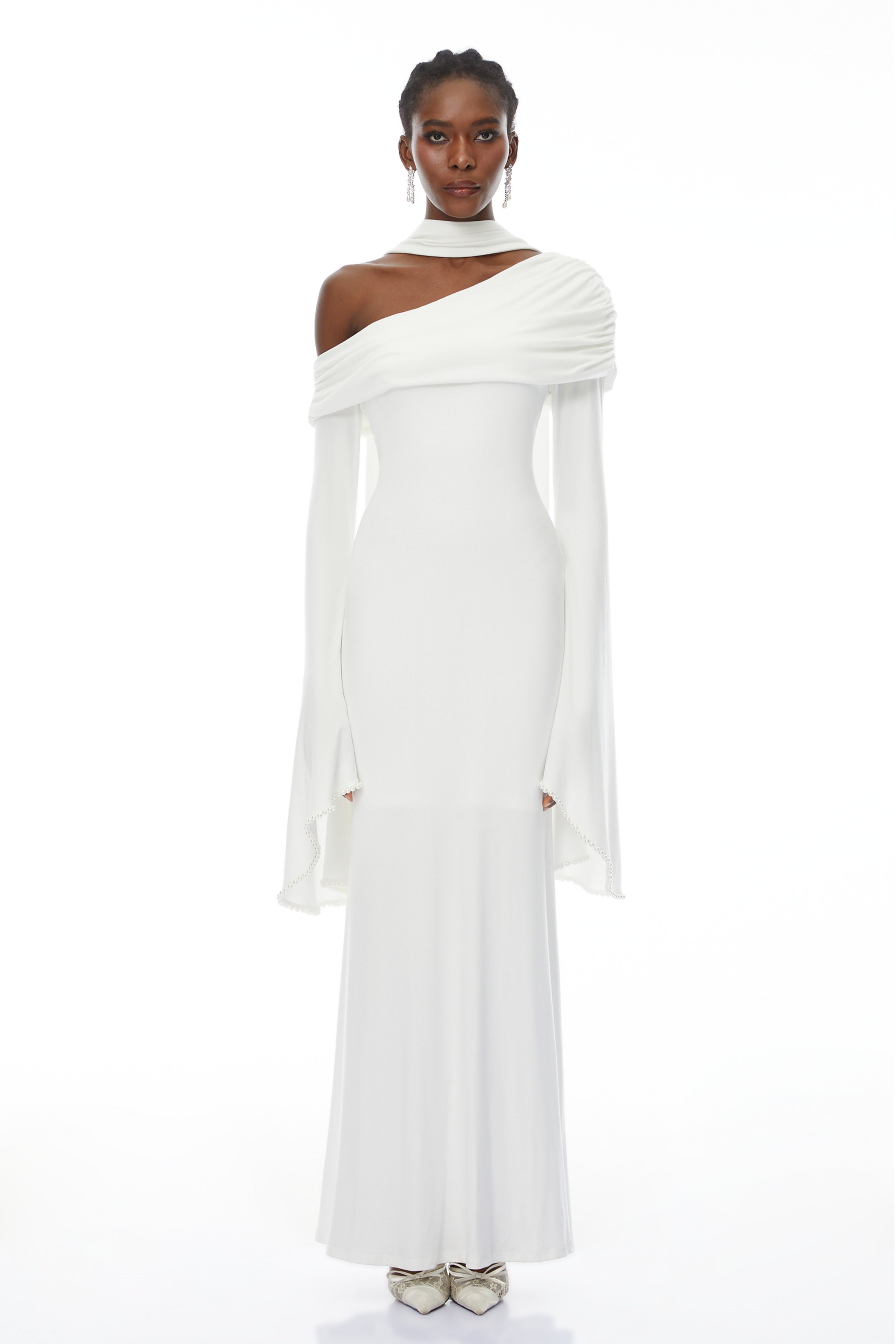 Simona White One Shoulder Pearl Trim Maxi Gown