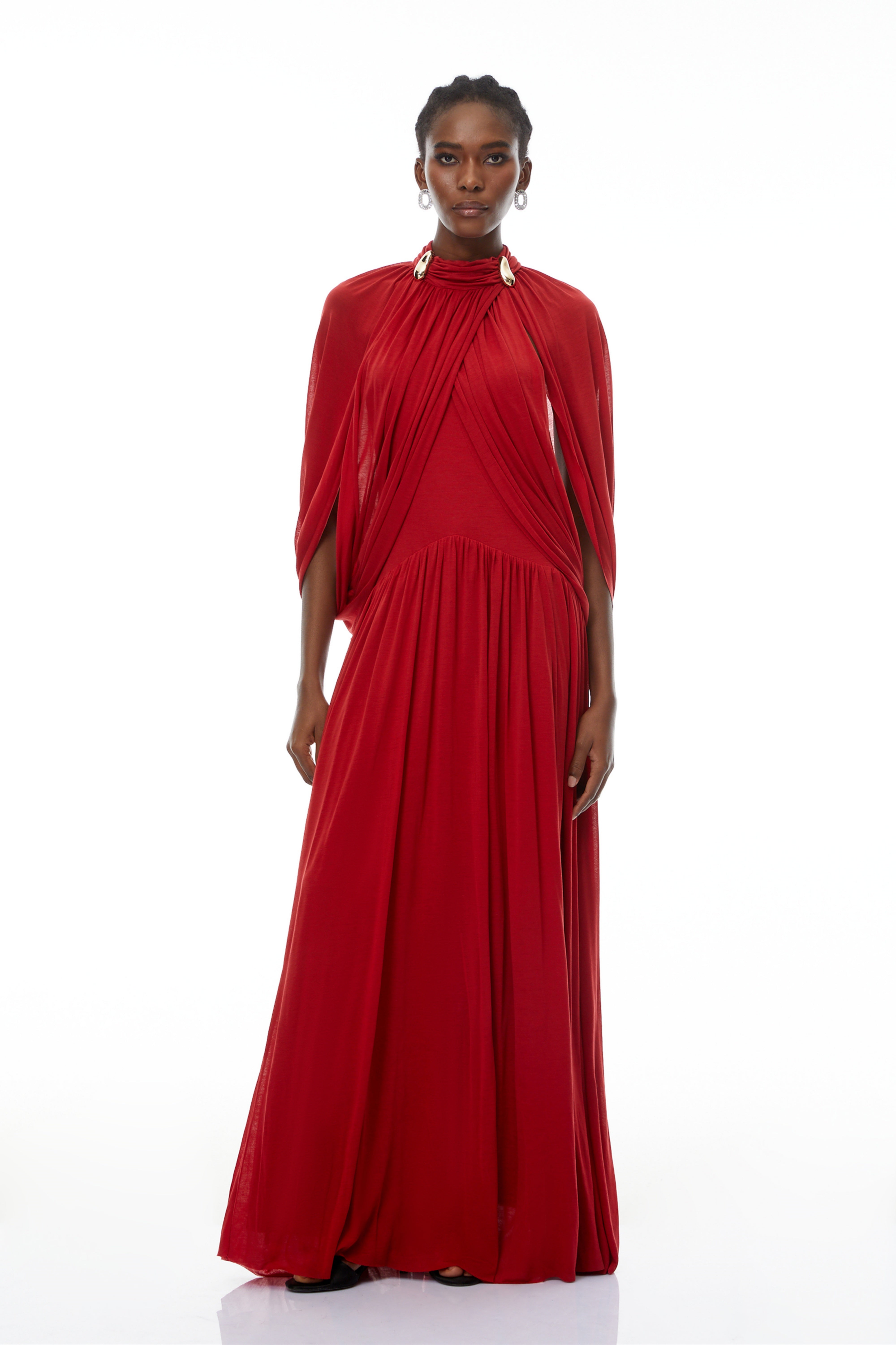 Bergljot Red Cape Design Mesh Maxi Dress