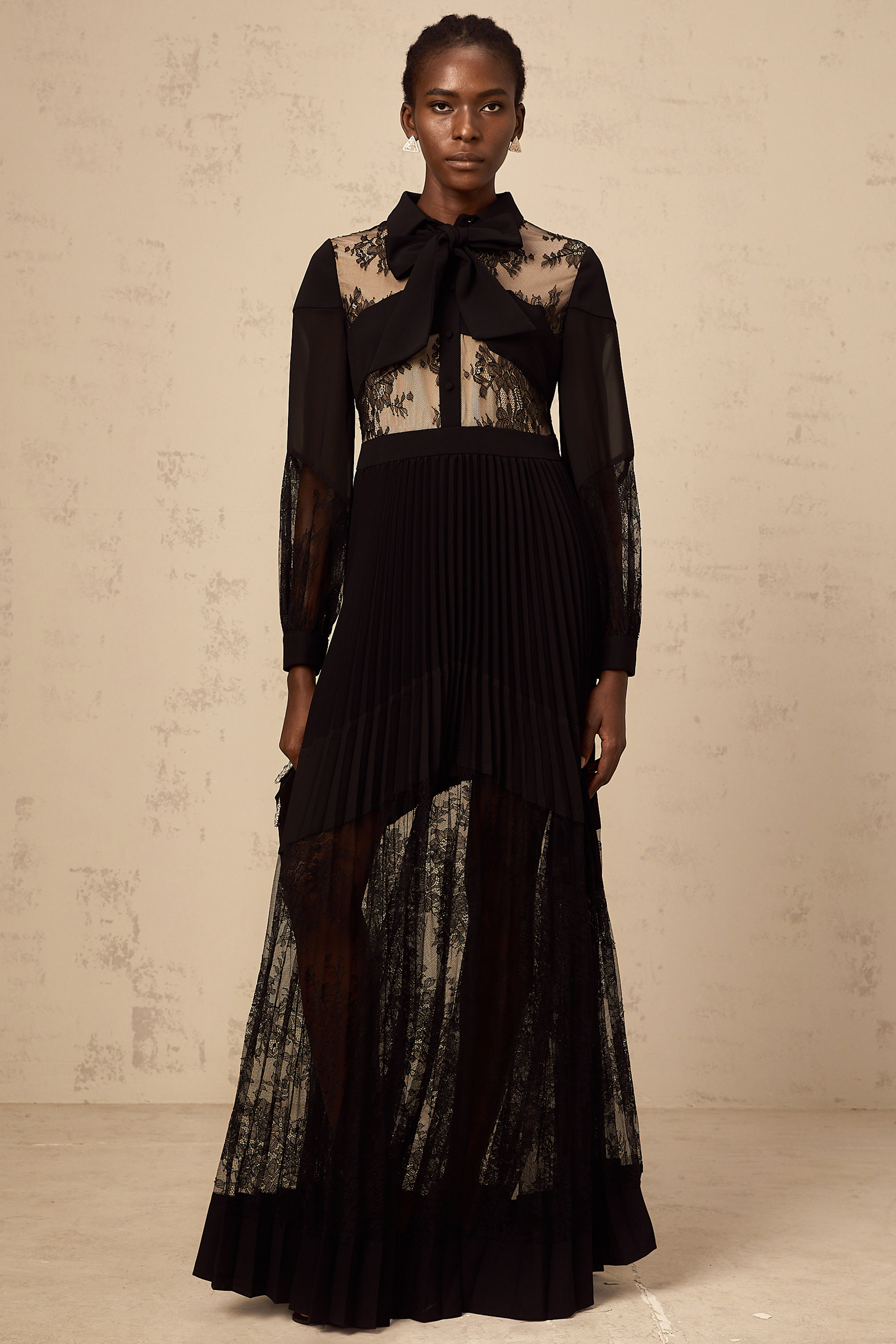 Ségolène black floral-lace-panel pleated maxi dress