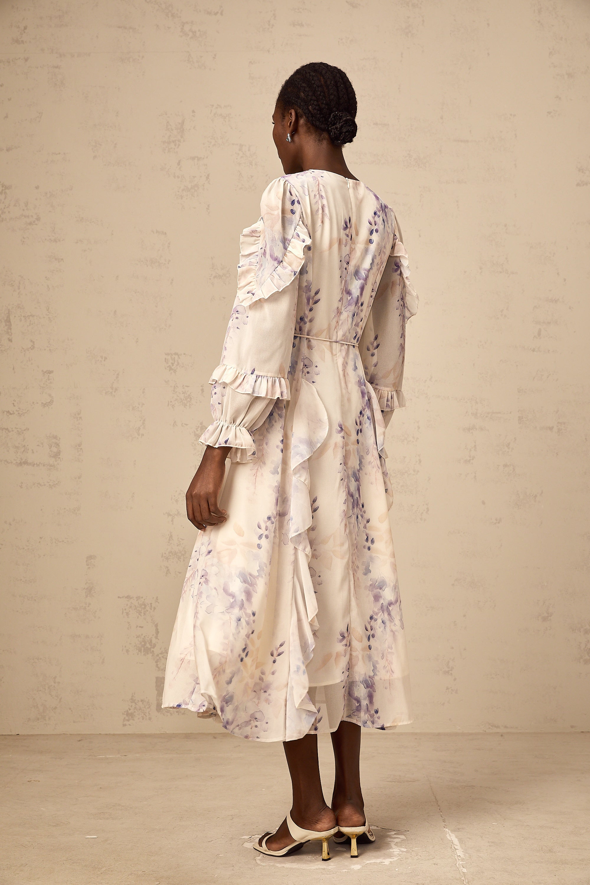 Vivien neutrals wistaria-print flared midi dress
