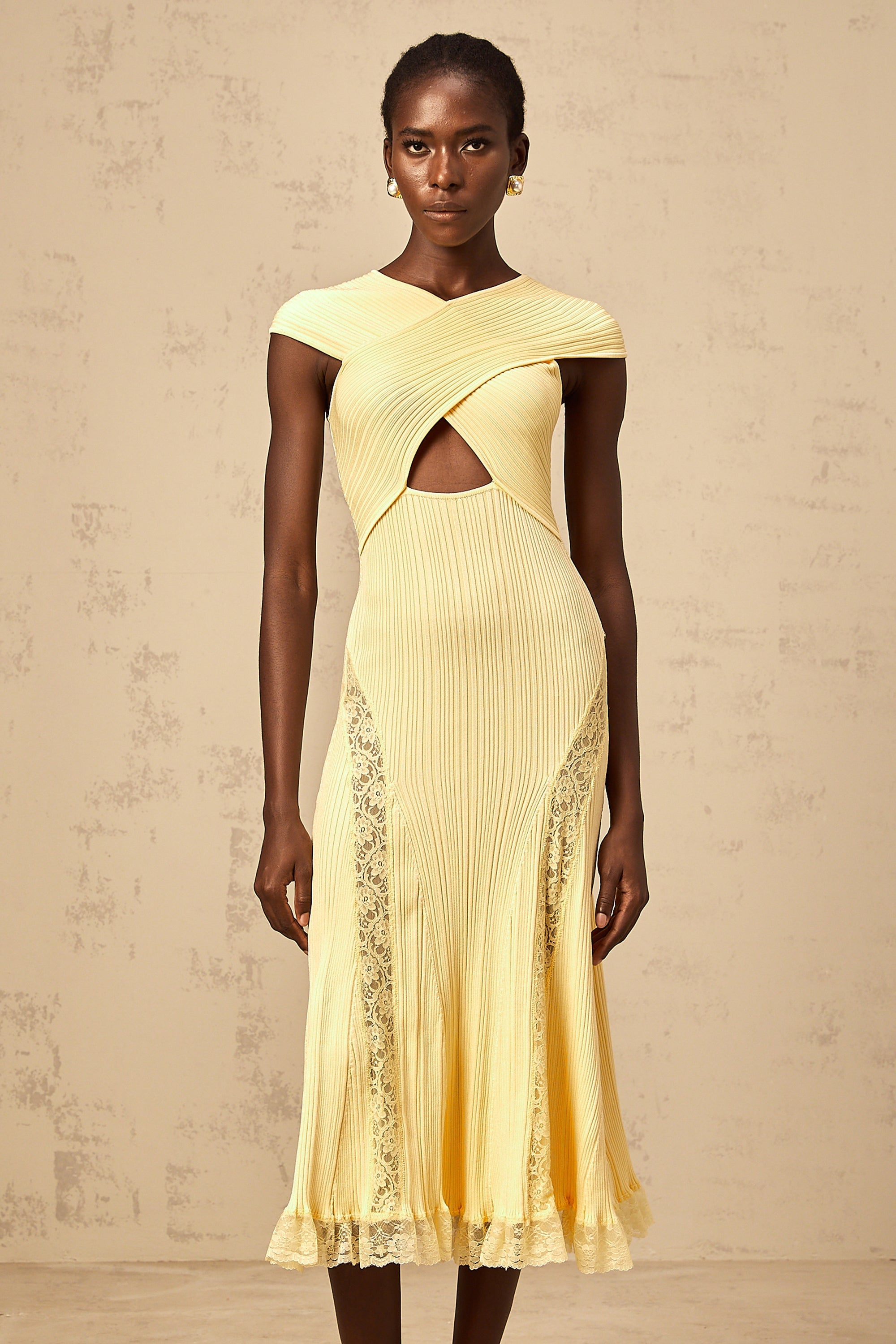 Airelle yellow lace-panelled rib-knit midi dress