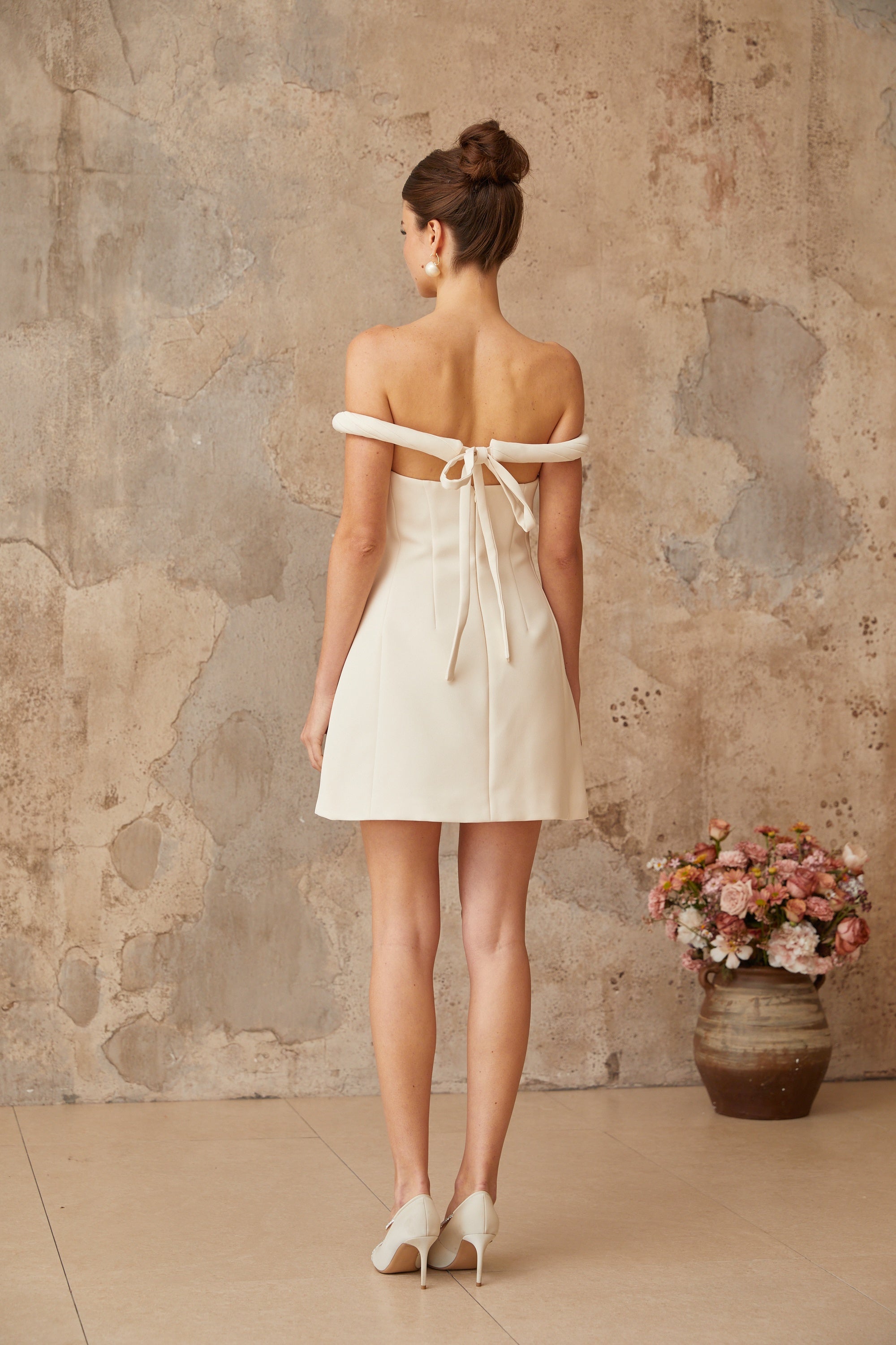 Lecollet white braid-detail puff mini dress