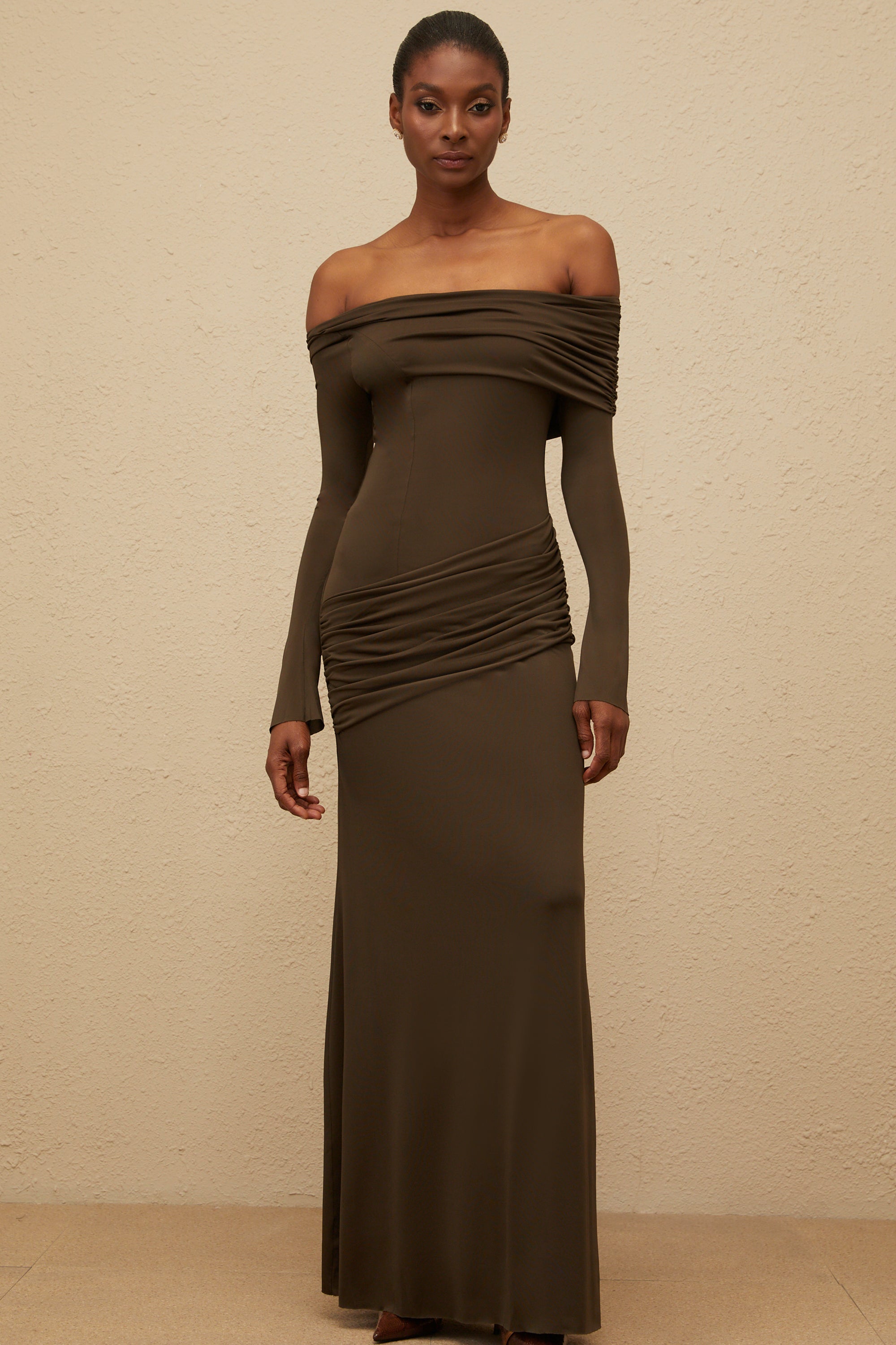 Sensuelle Green One-Shoulder Ruched Maxi Dress
