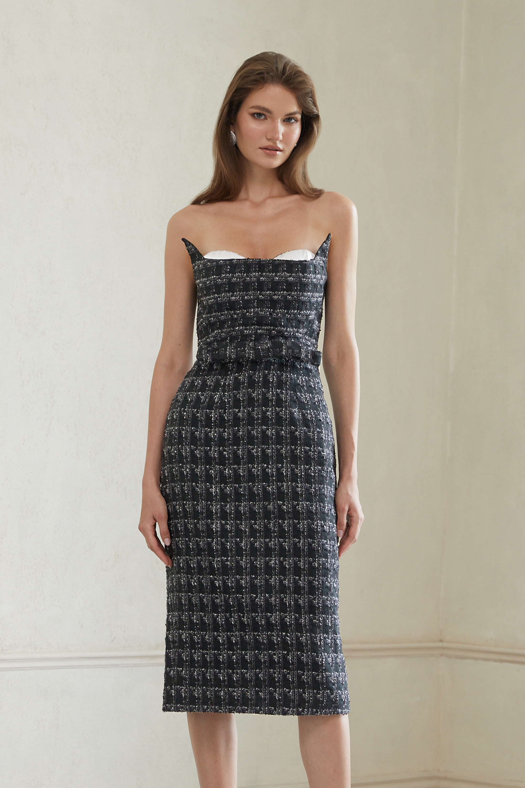 Rauha Black Plaid Weave Tweed Midi Dress