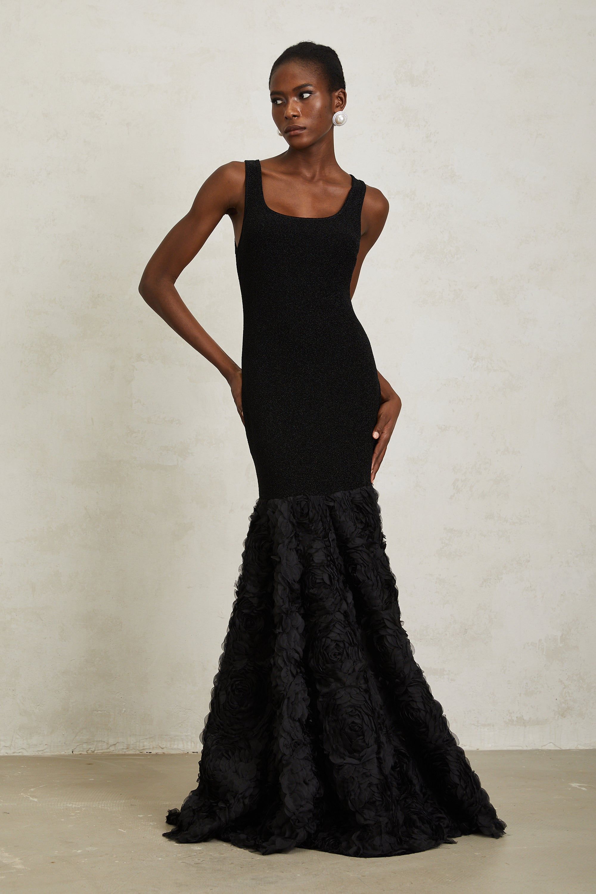 Gemma Black 3D Petal Panel Mermaid Maxi Dress