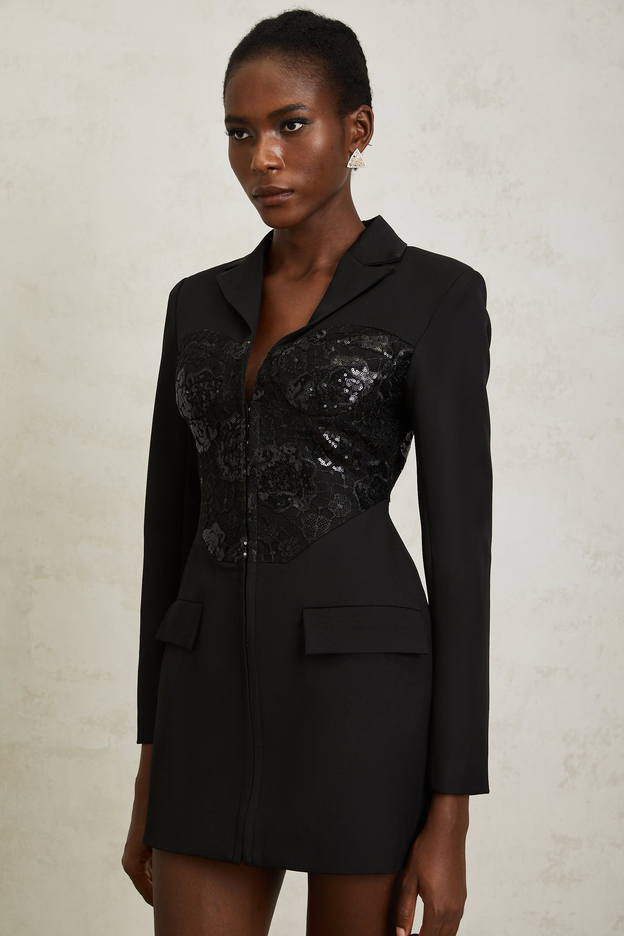 Jacinta Black Lace Panel Mini Blazer Dress