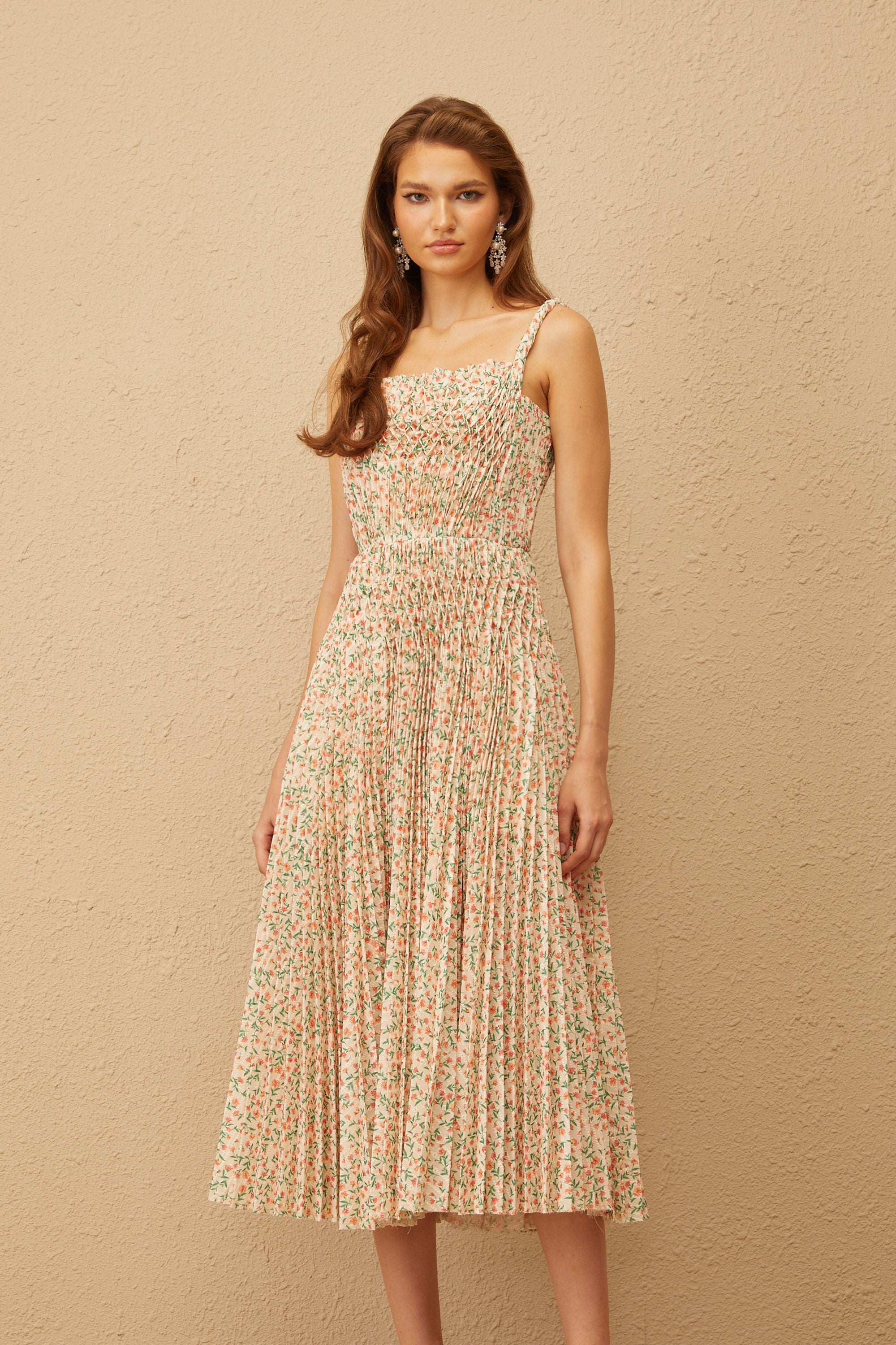 Marion Neutral Floral Print Pleated Midi Dress