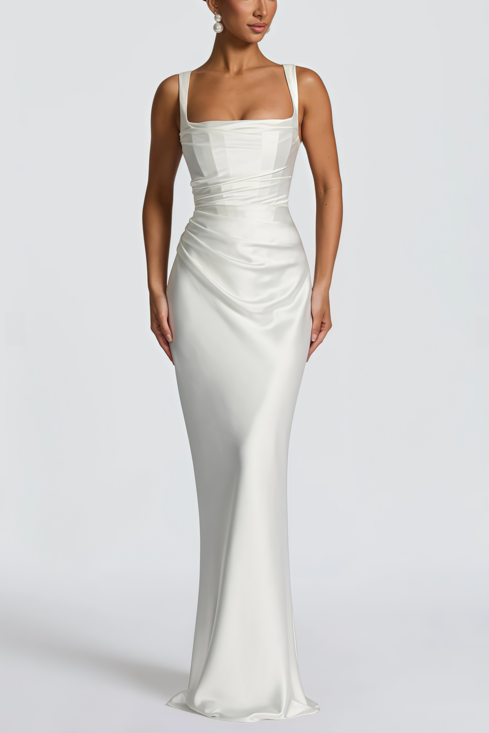 Inmaculada White Ruched Satin Maxi Dress (Without Gloves)