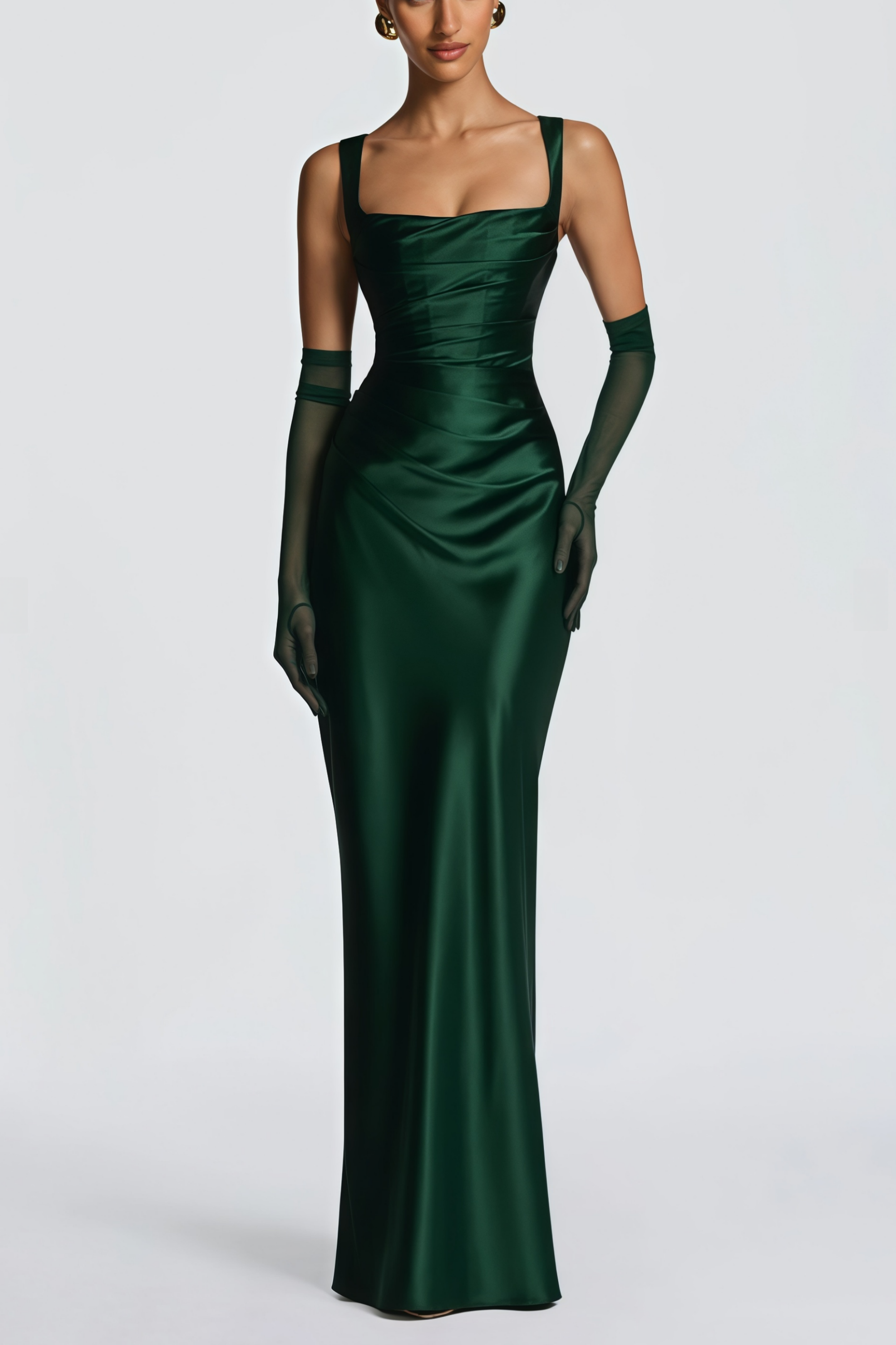 Inmaculada Emerald Ruched Satin Maxi Dress (Without Gloves)