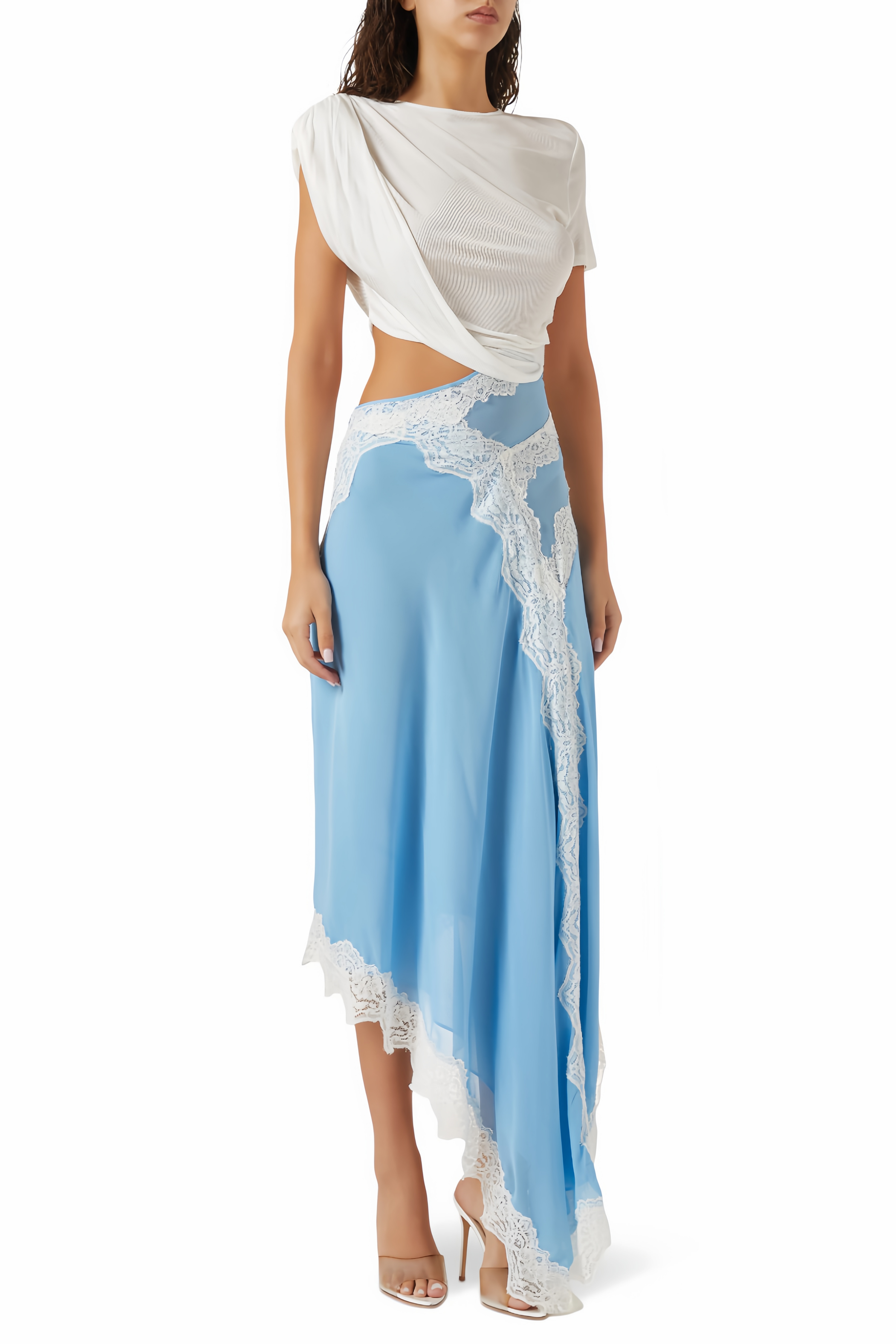 Fiamma Blue Gathered Lace Panel Maxi Dress