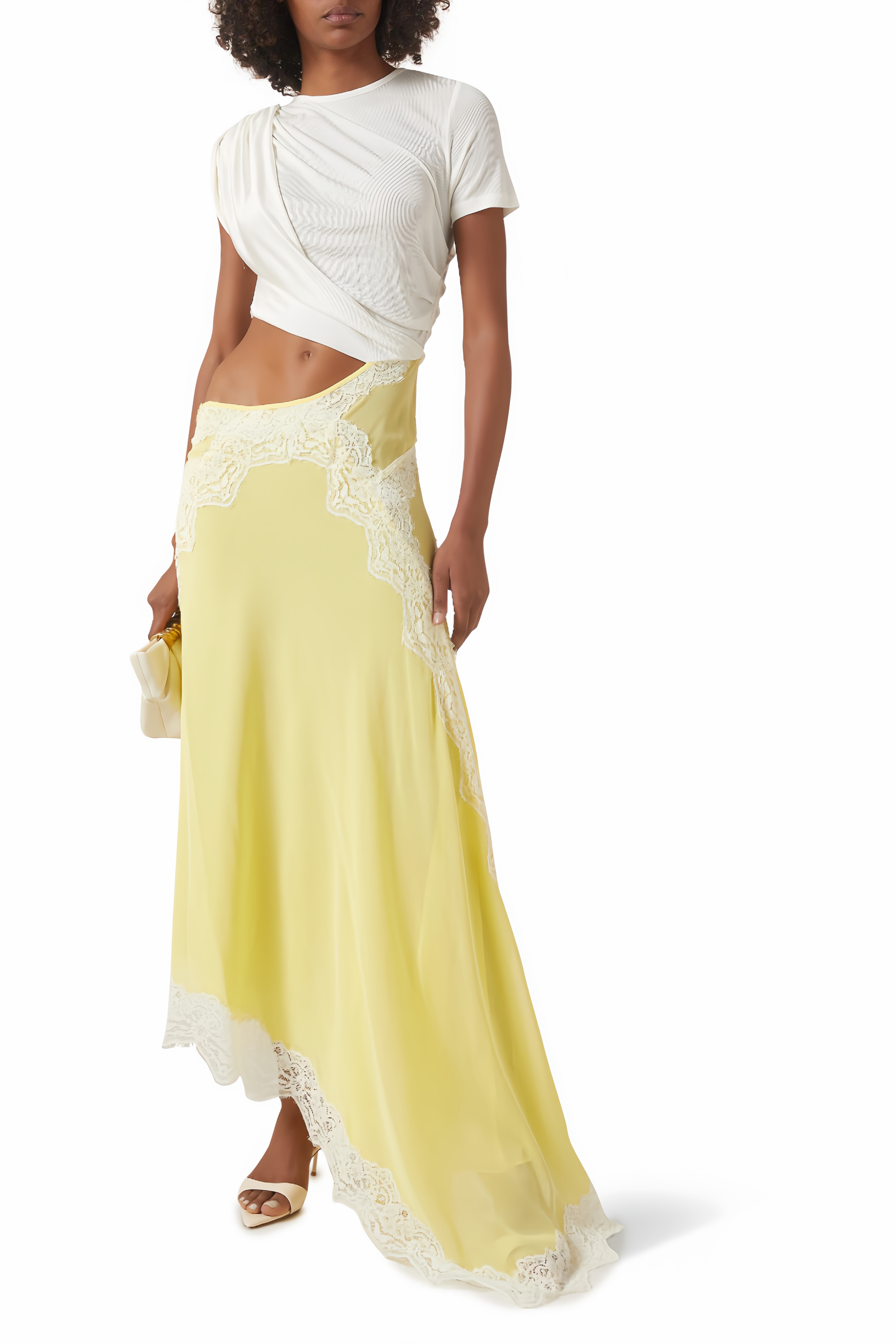 Fiamma Yellow Gathered Lace Panel Maxi Dress