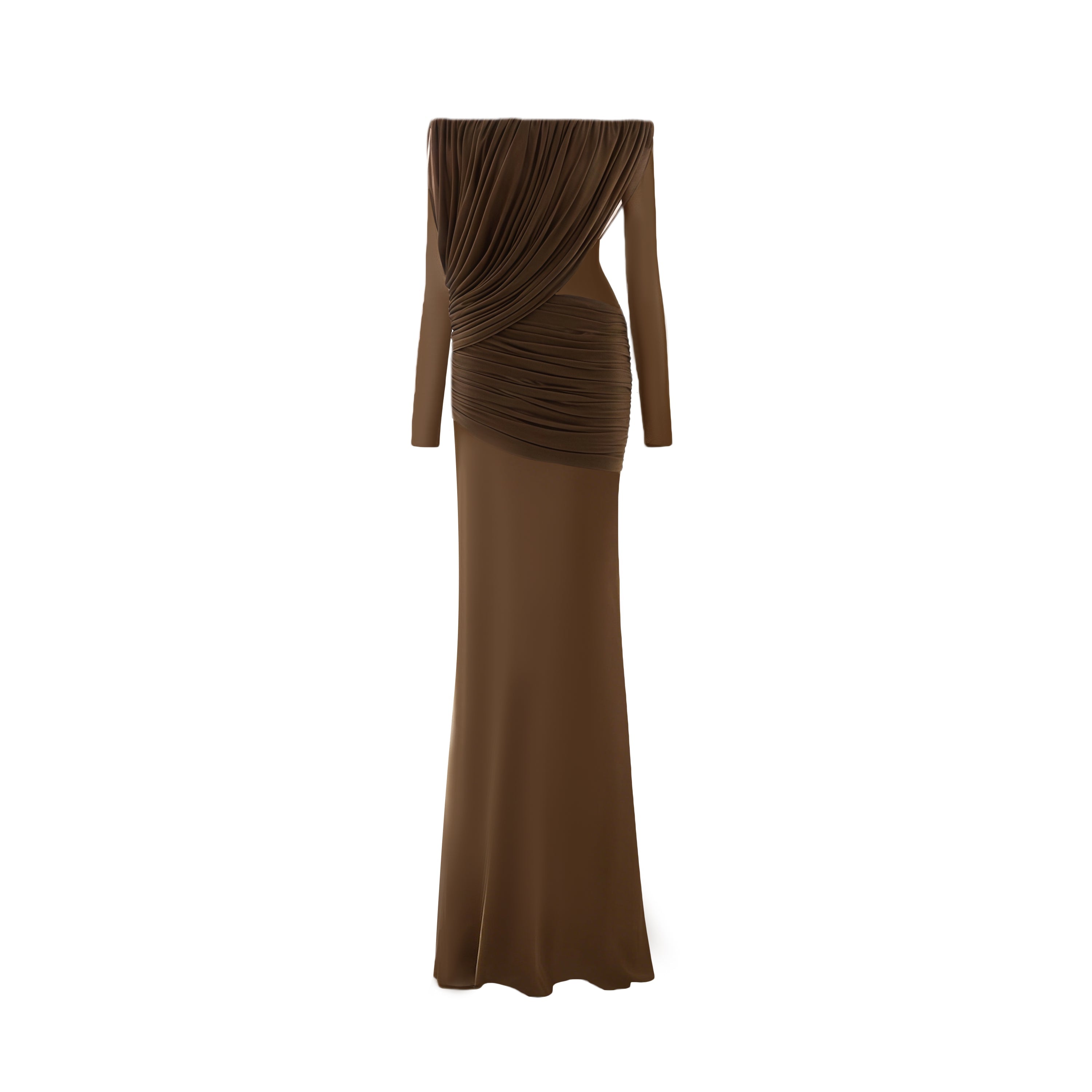 Zenobia Brown Asymmetrical Draped Mesh Maxi Dress