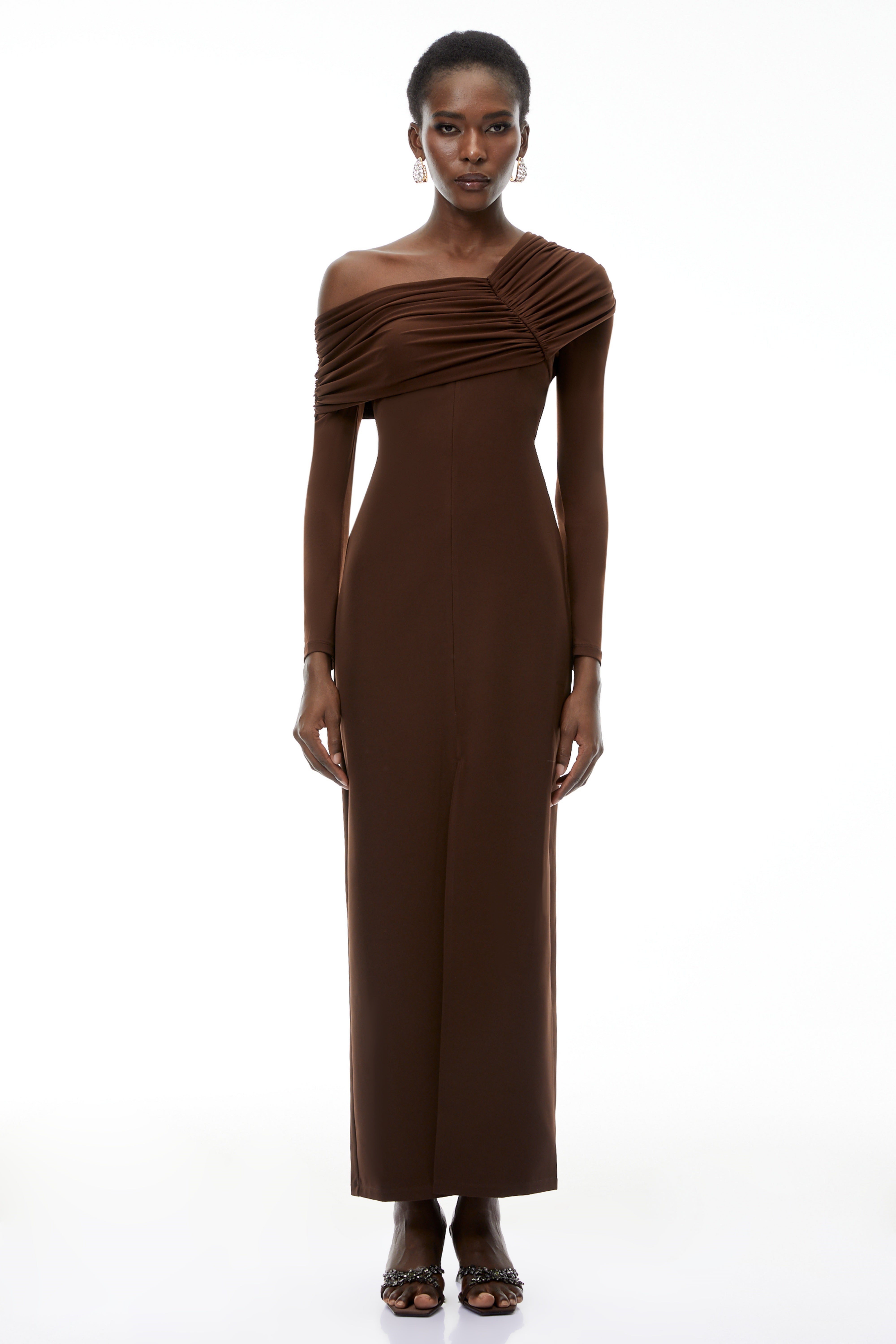 Almudena Chocolate Brown One Shoulder Maxi Dress