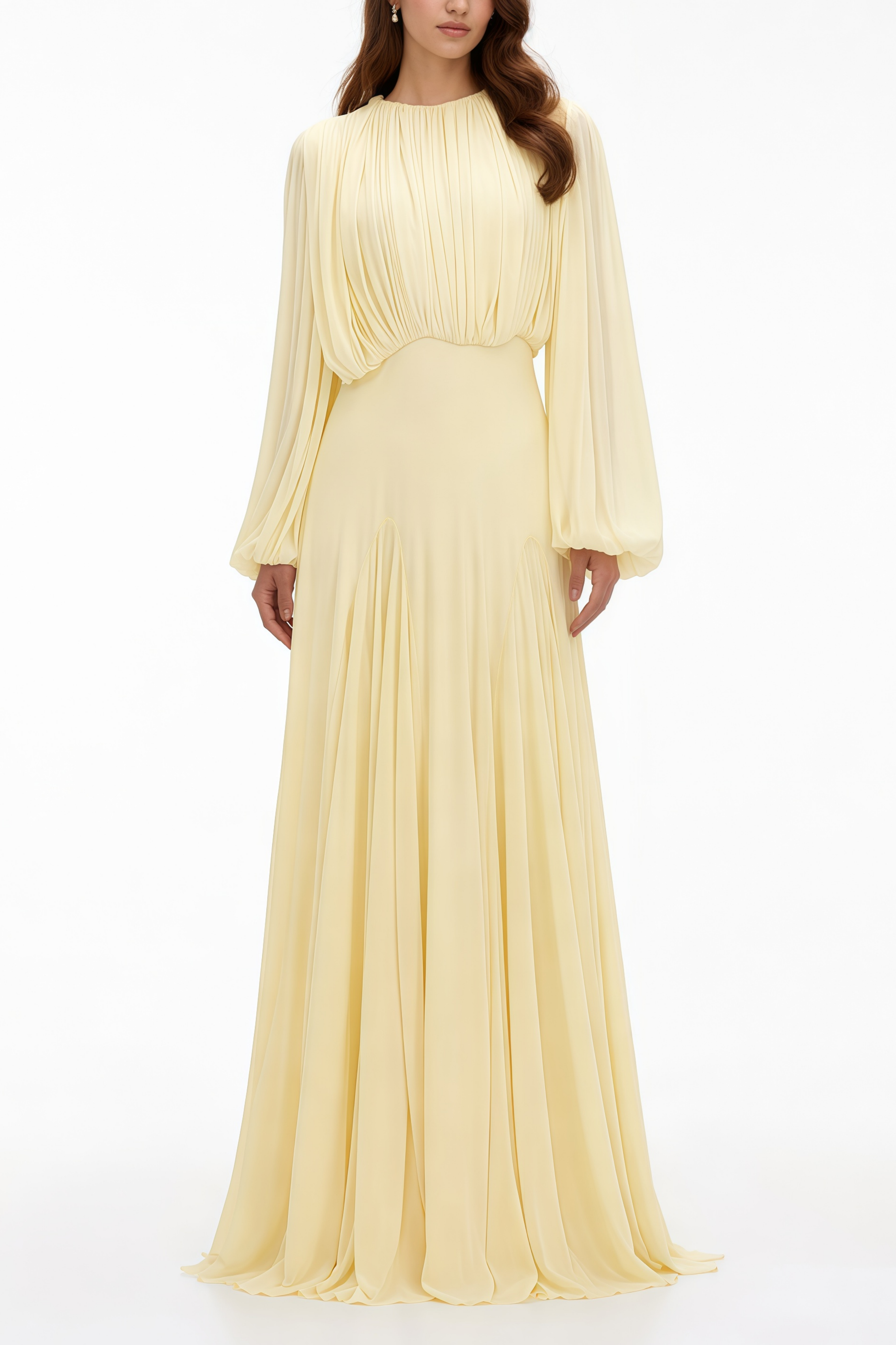 Annabelle Yellow Lantern Sleeve Pleated Maxi Dress
