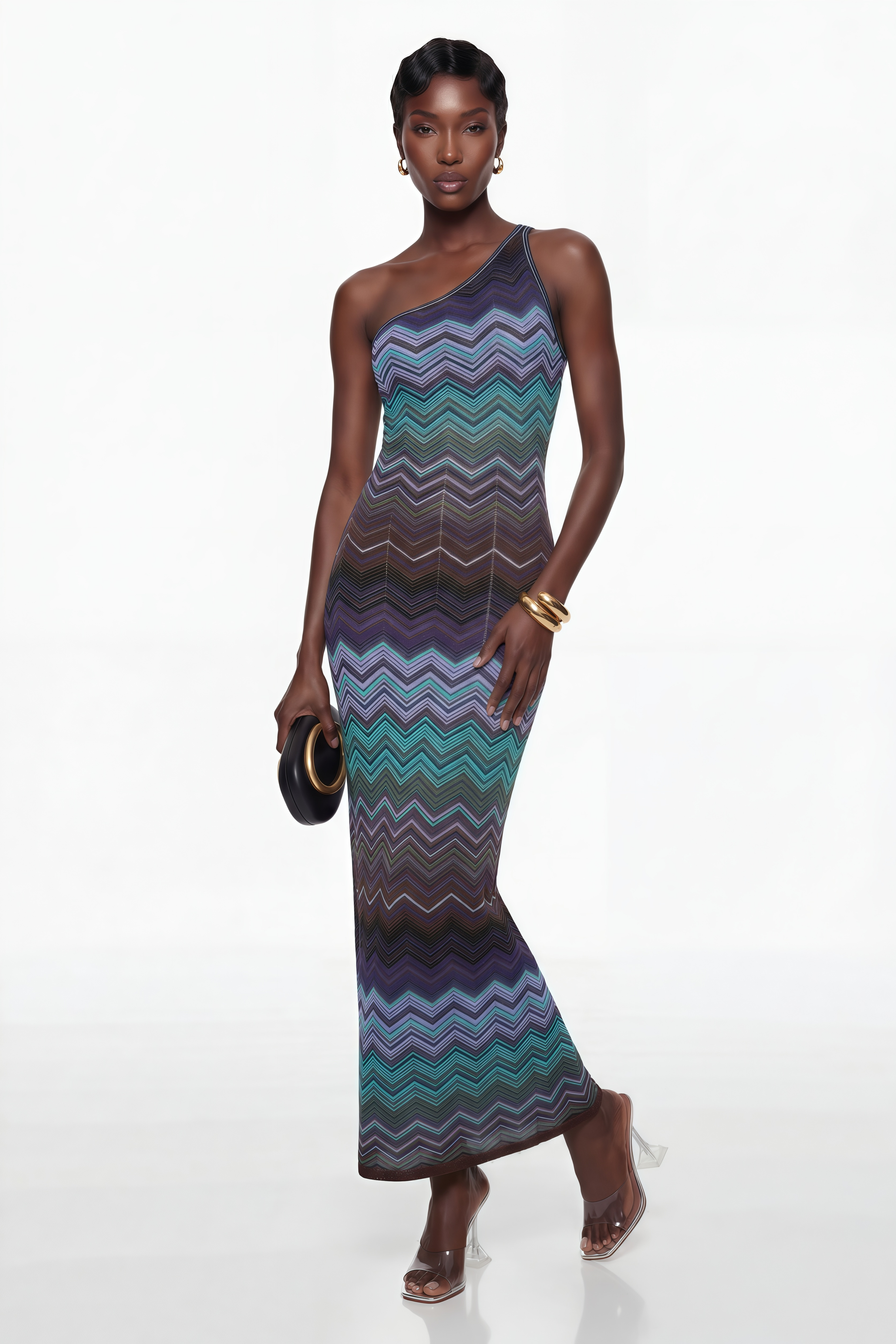 Avery Blue Knit Maxi Dress with Wave Pattern