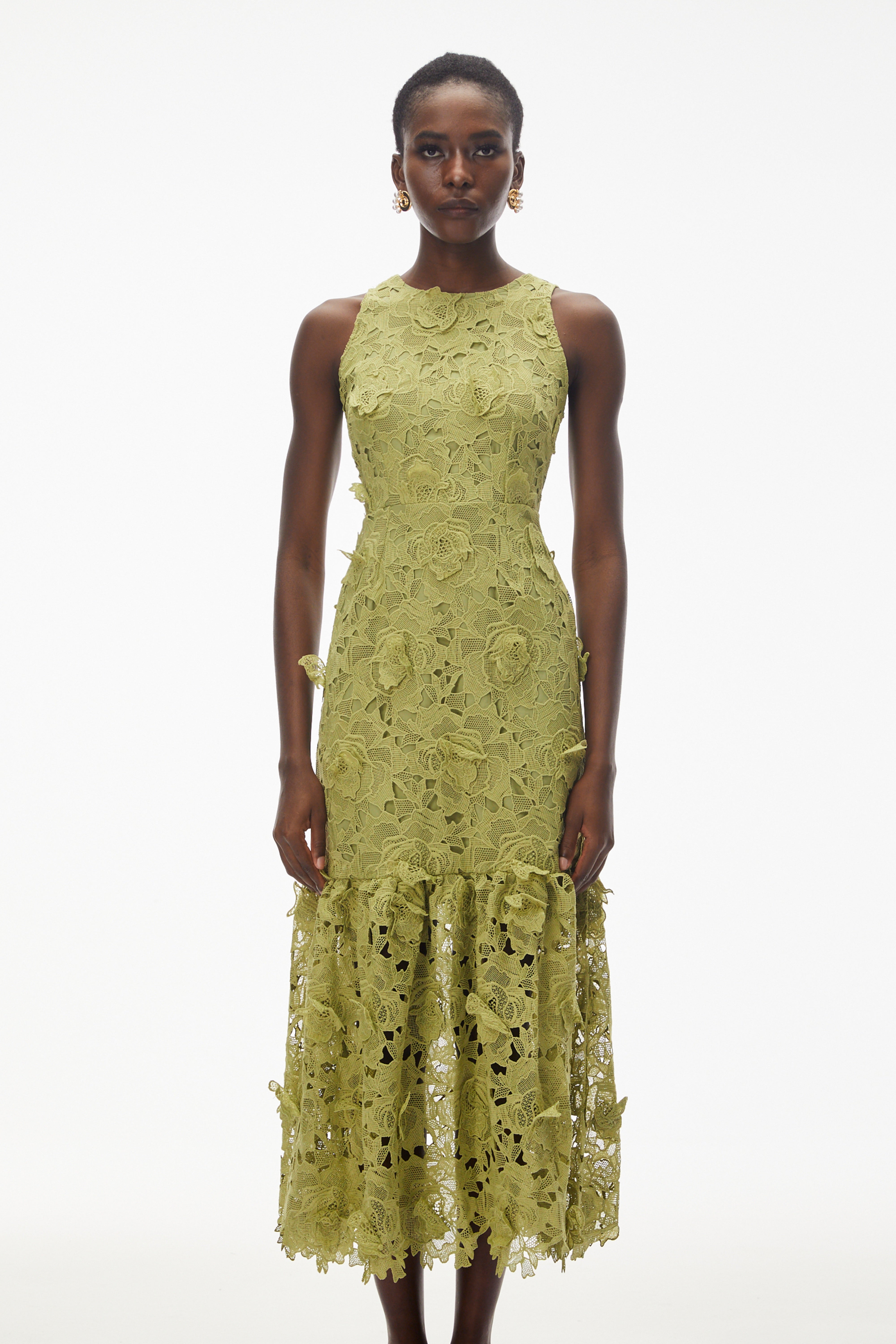 Briseis Olive Green Midi Dress with 3D Florals