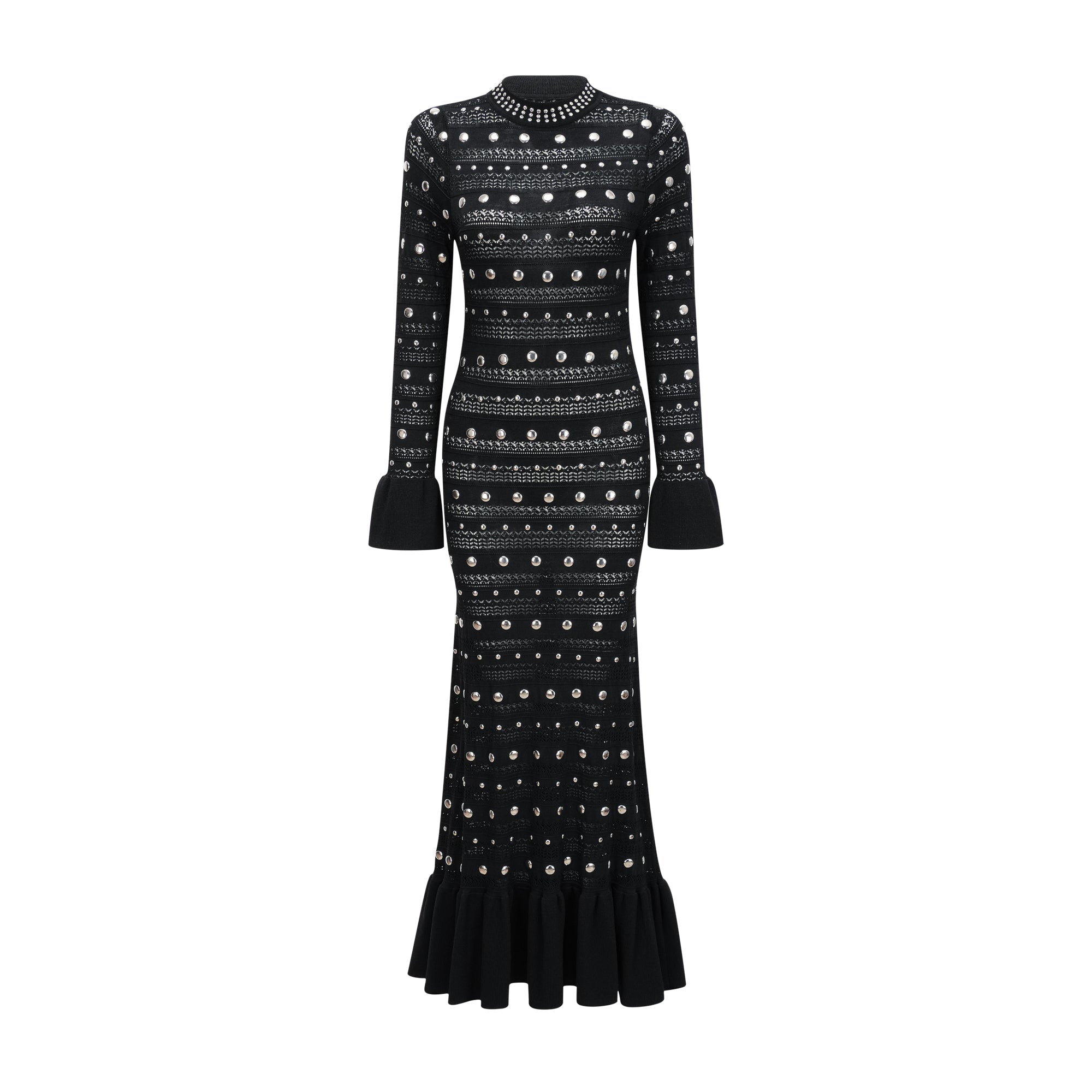 Chloé Black Long Sleeve Studded Crochet Knit Midi dress