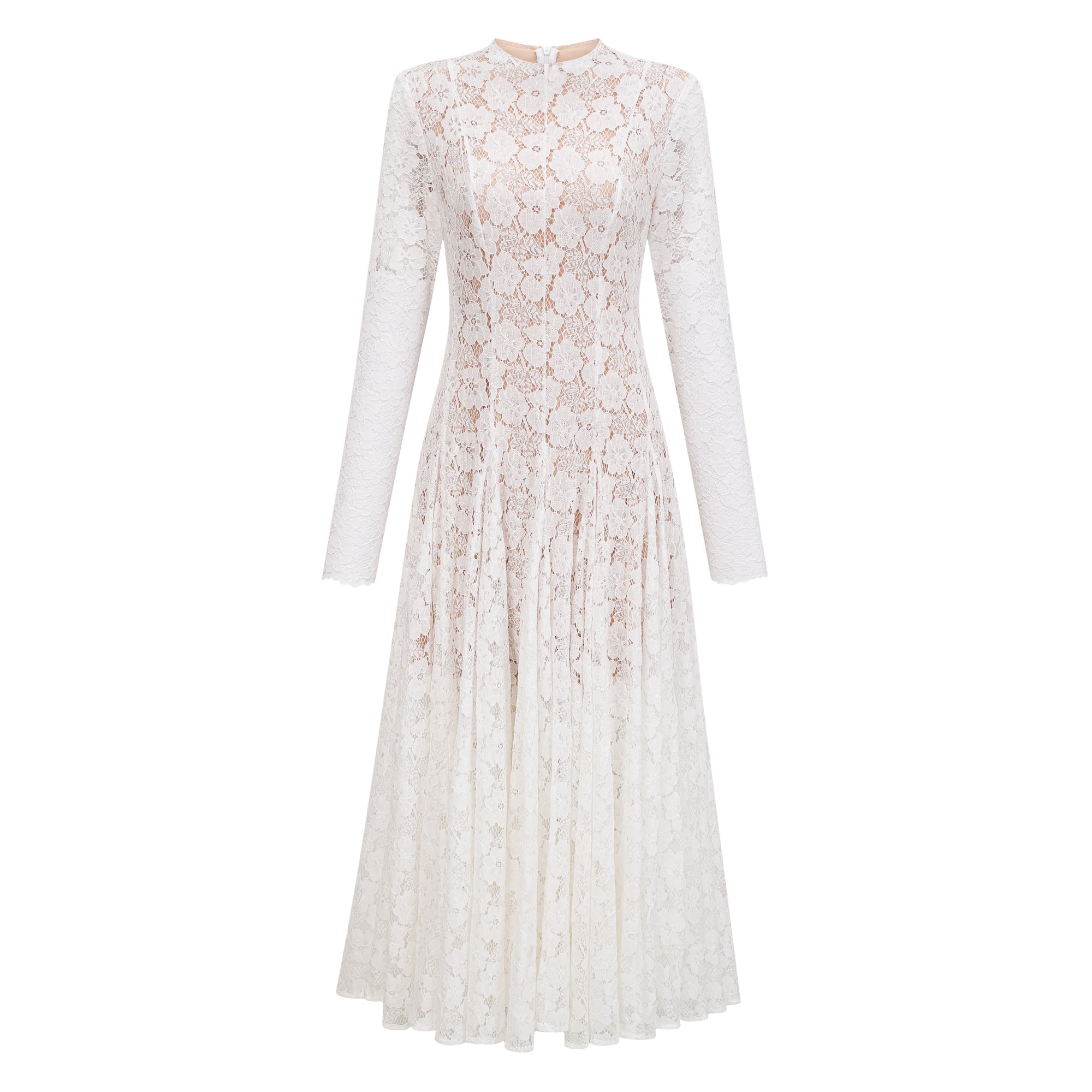 Bronte White Pleated Floral Lace Midi Dress