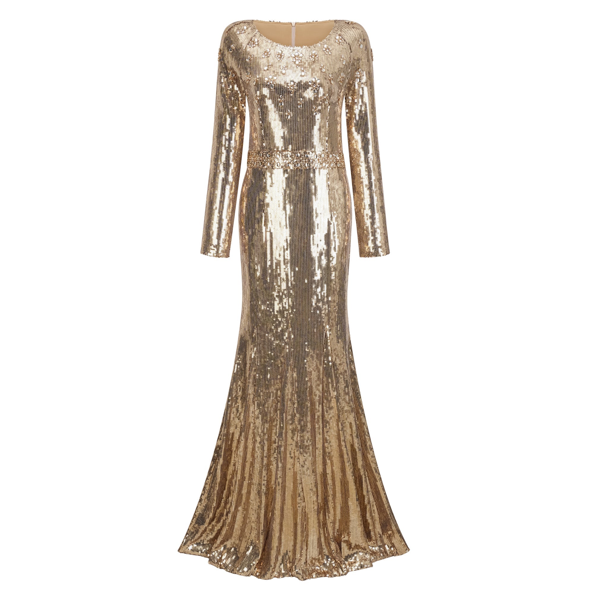 Federica Gold Train Sequined Maxi Dress