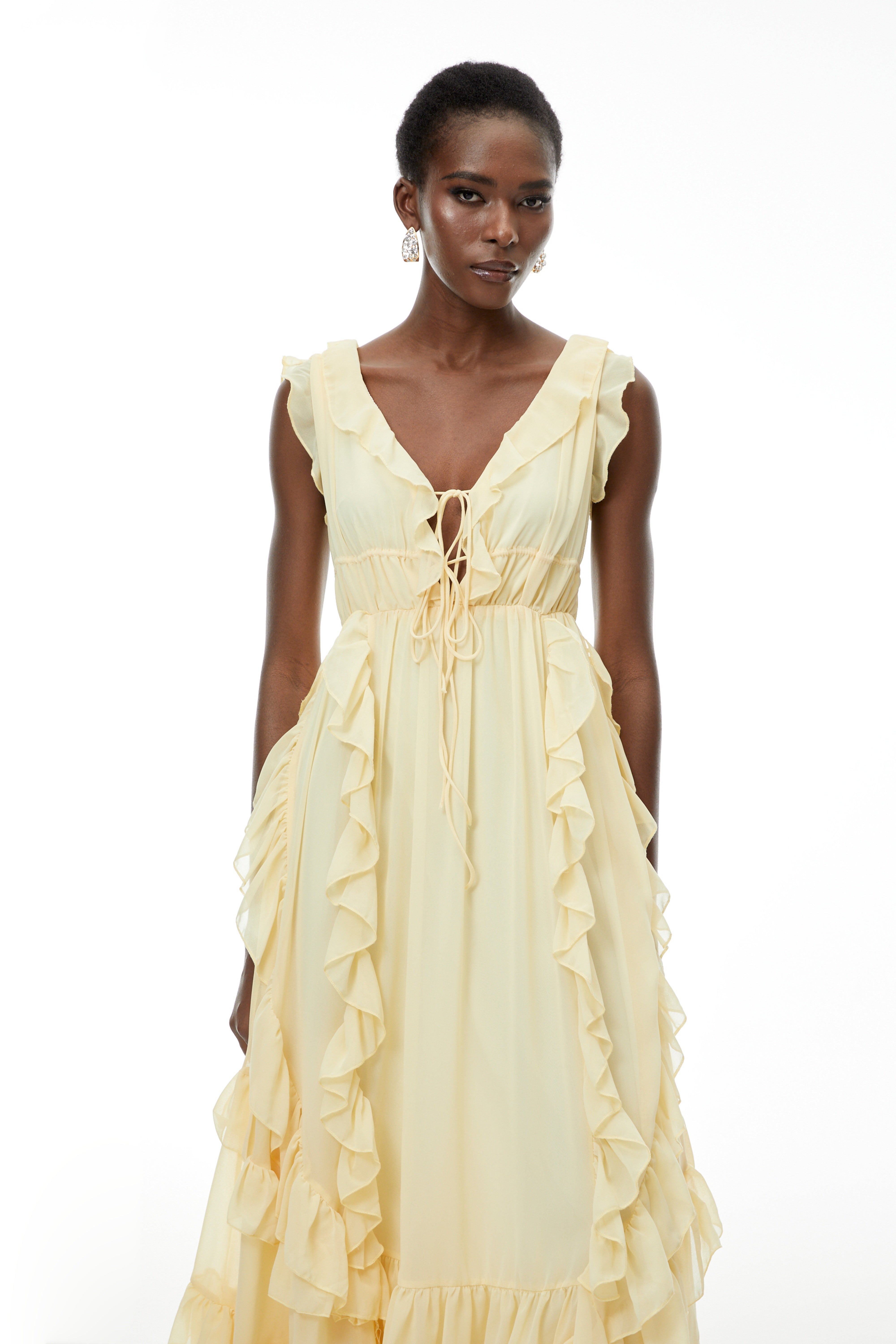 Dahlia Yellow Ruffled Maxi Dress with Lace-Up Detail