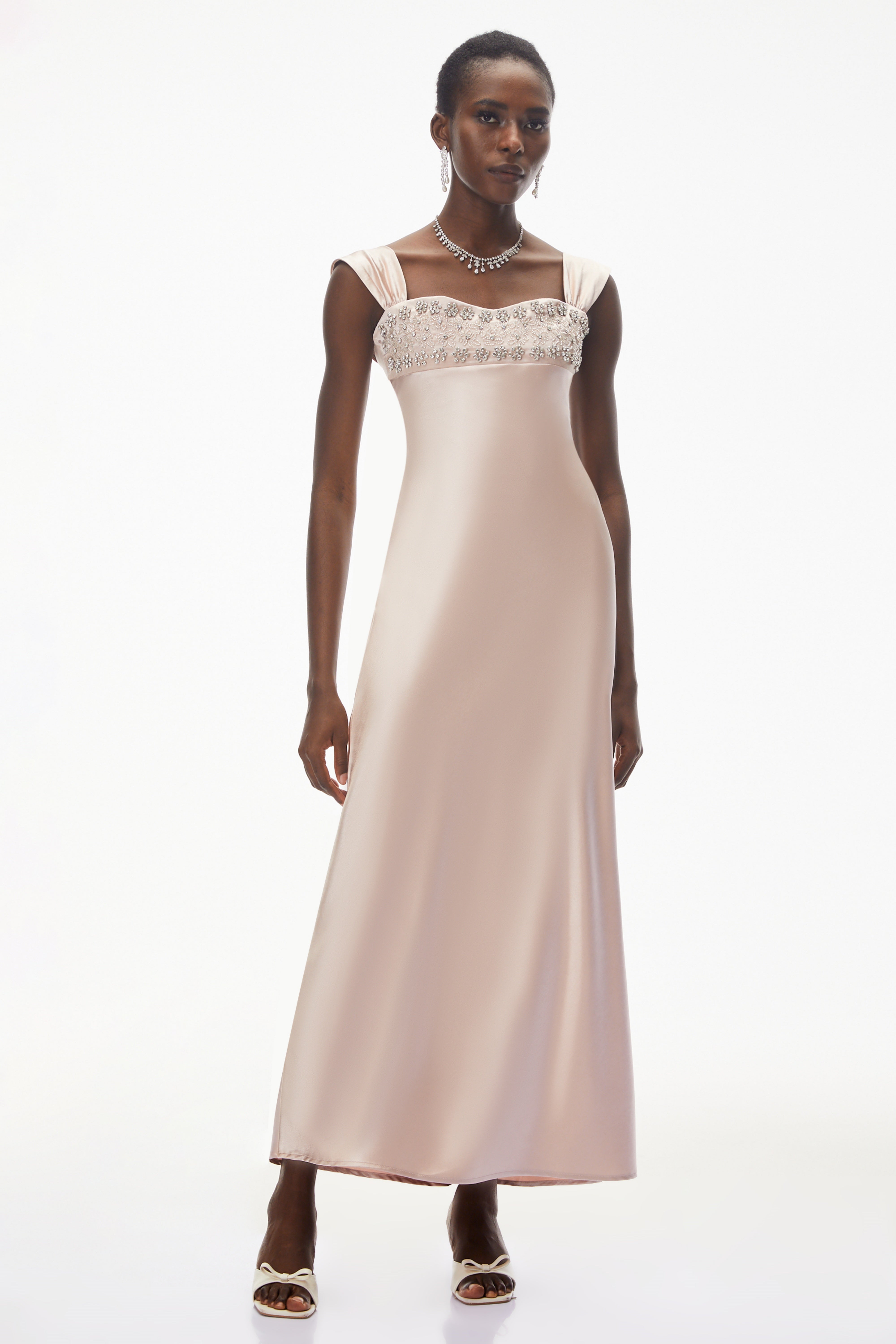 Perrine Blush Pink Embellished Satin Midi Dress