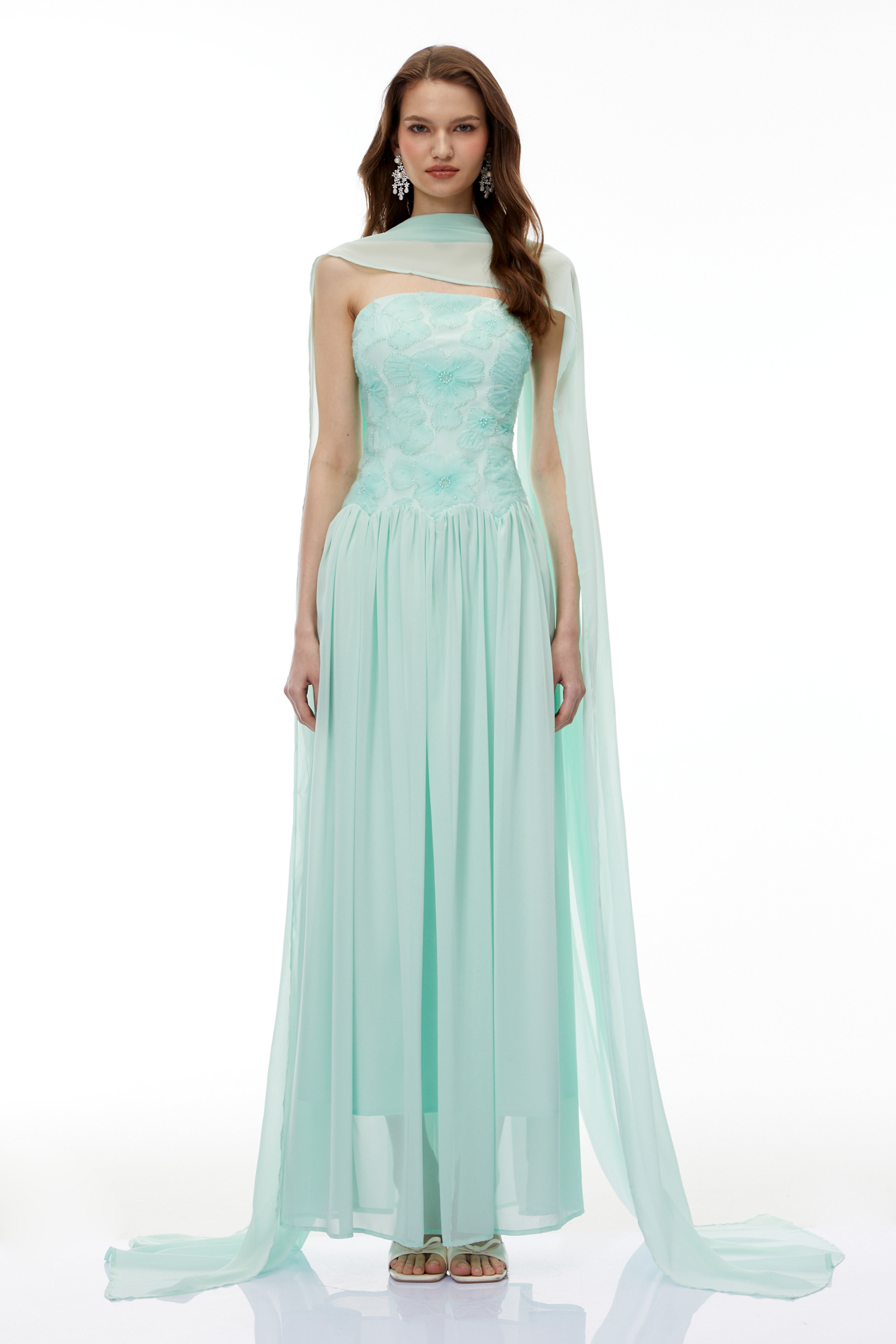 Dobromila Green Floral Embroidered Pleated Maxi Dress