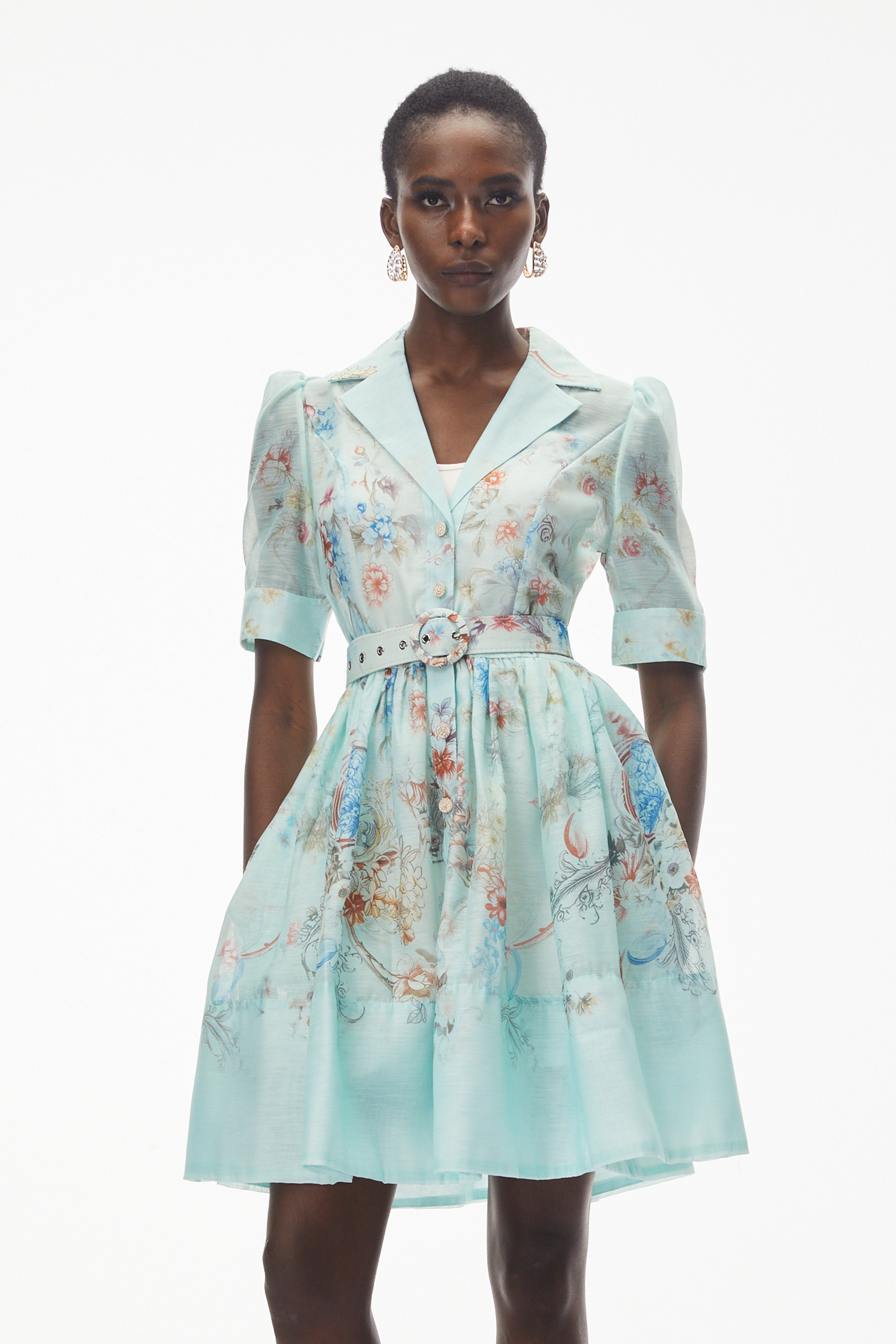 Elisheva Mint Green Floral Print Mini Dress