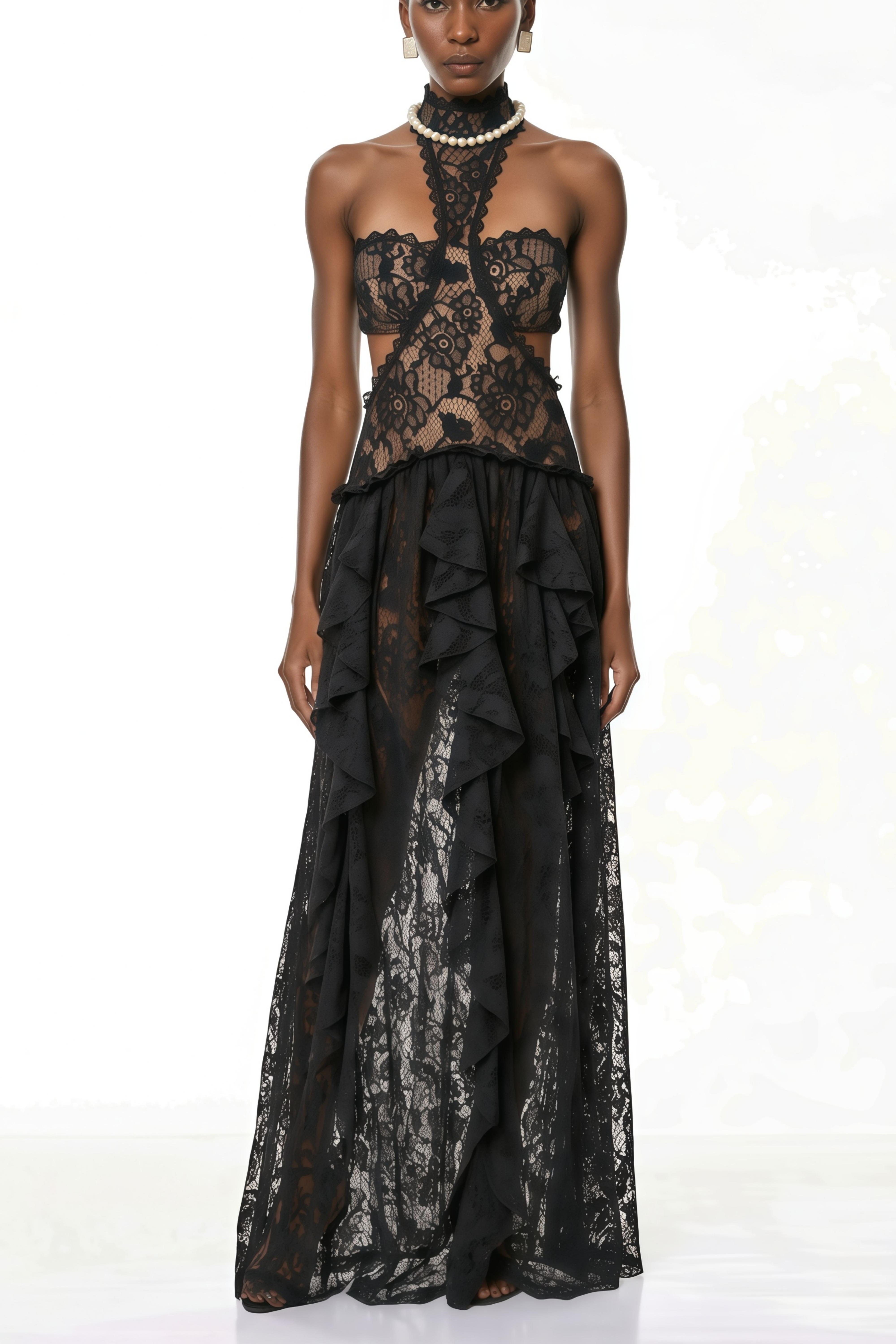 Evelyn Black Halterneck Lace Maxi Dress