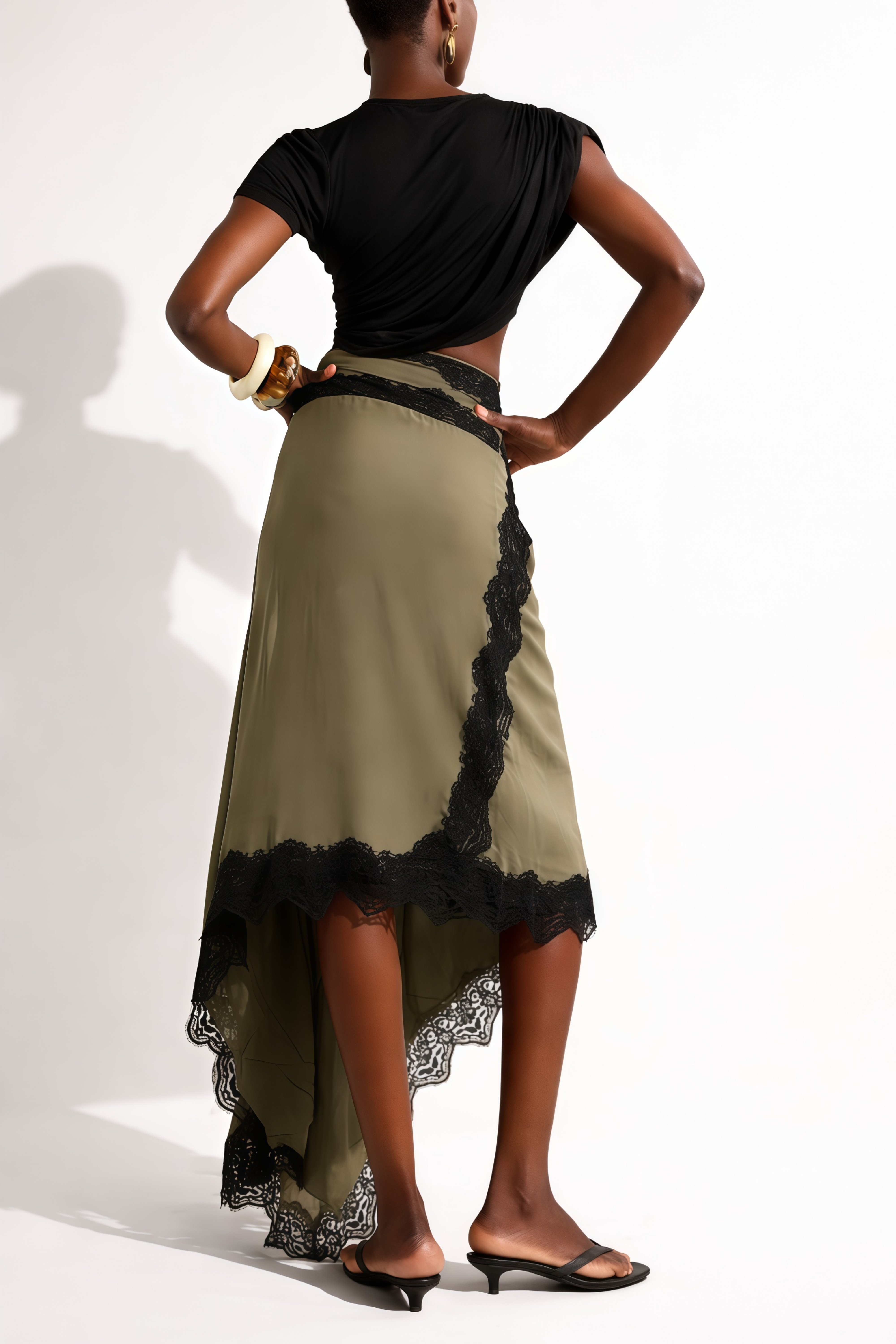Fiamma Black Gathered Lace Panel Maxi Dress