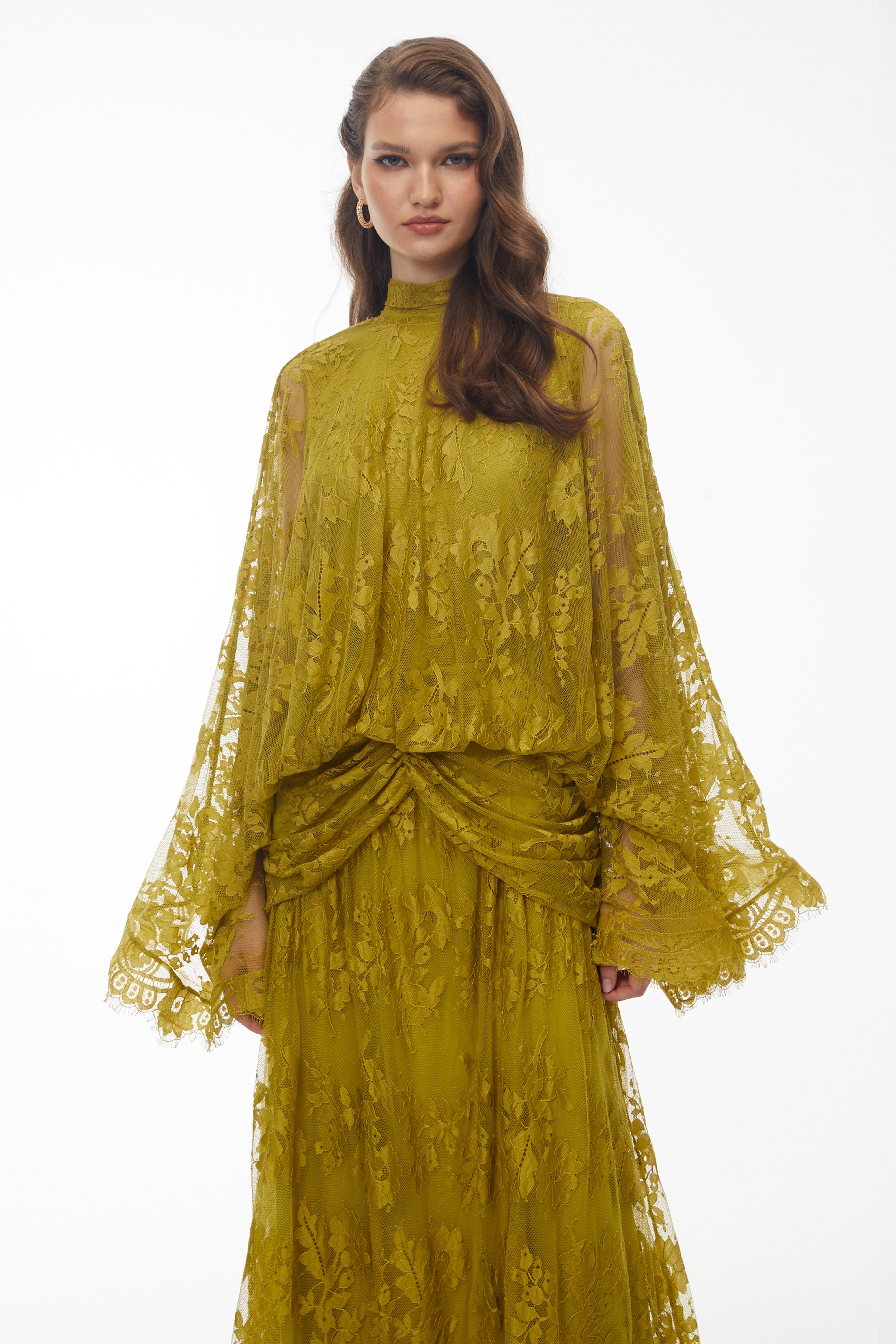 Franziska Yellow Draped Lace Maxi Dress