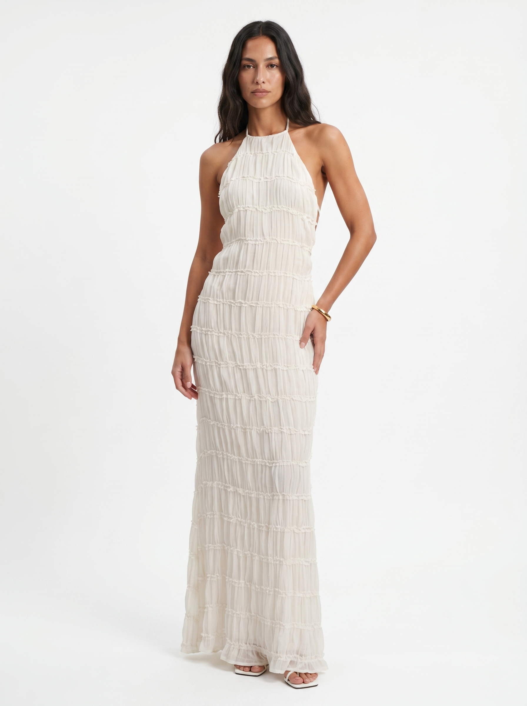 Ivory Textured Halter Neck Maxi Dress