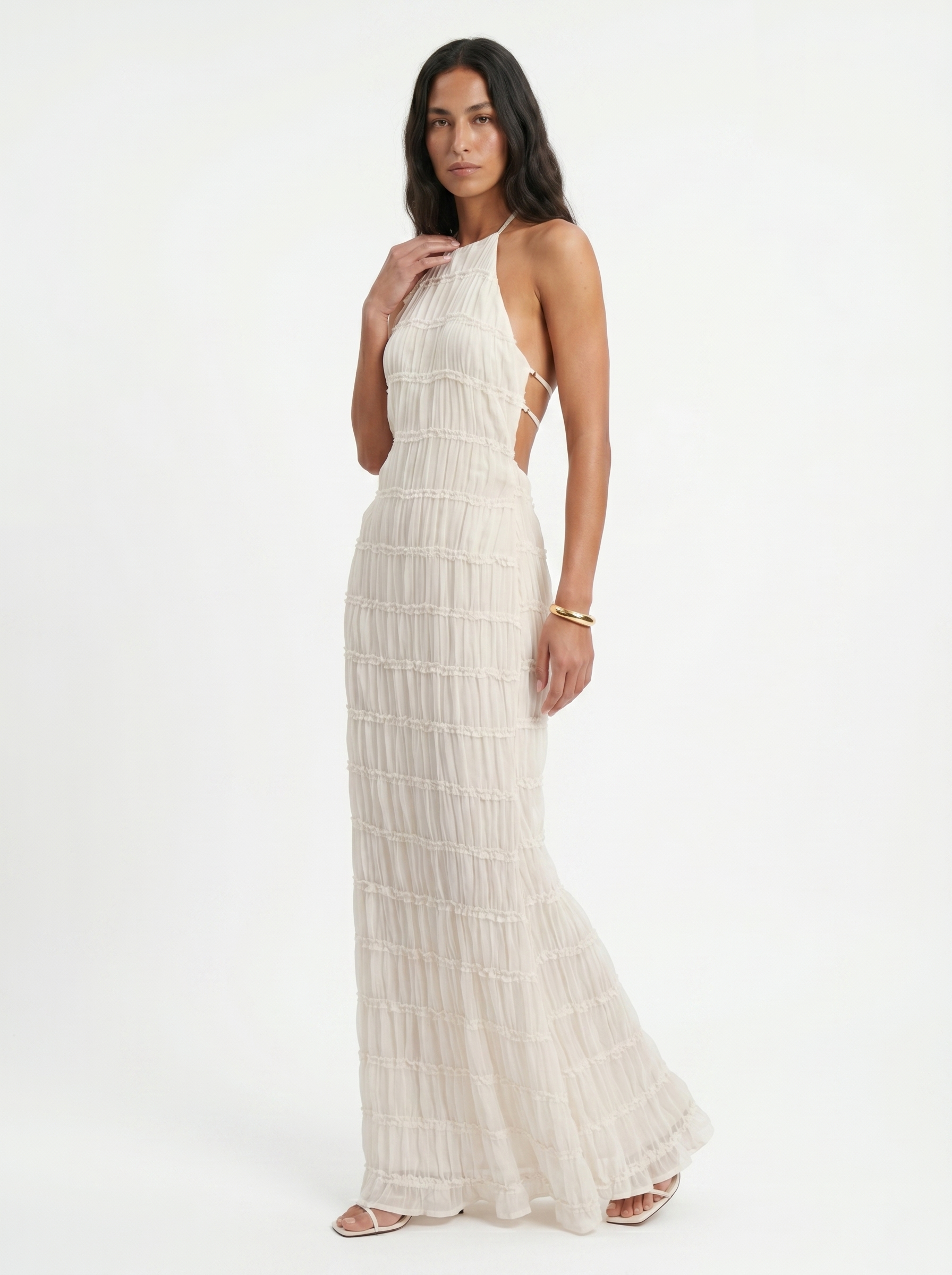 Ivory Textured Halter Neck Maxi Dress