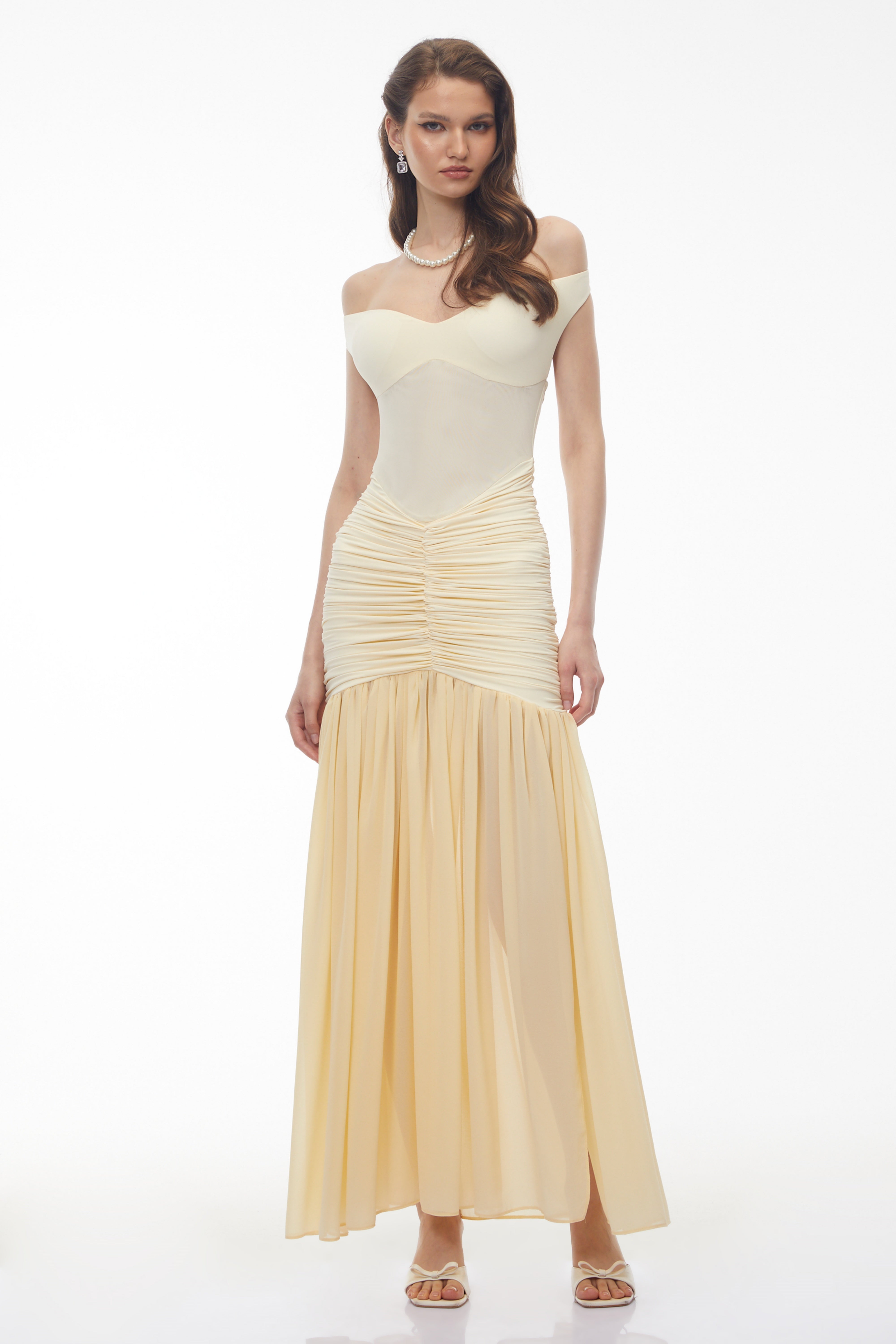 Geneviève Yellow Off Shoulder Ruched Maxi Dress