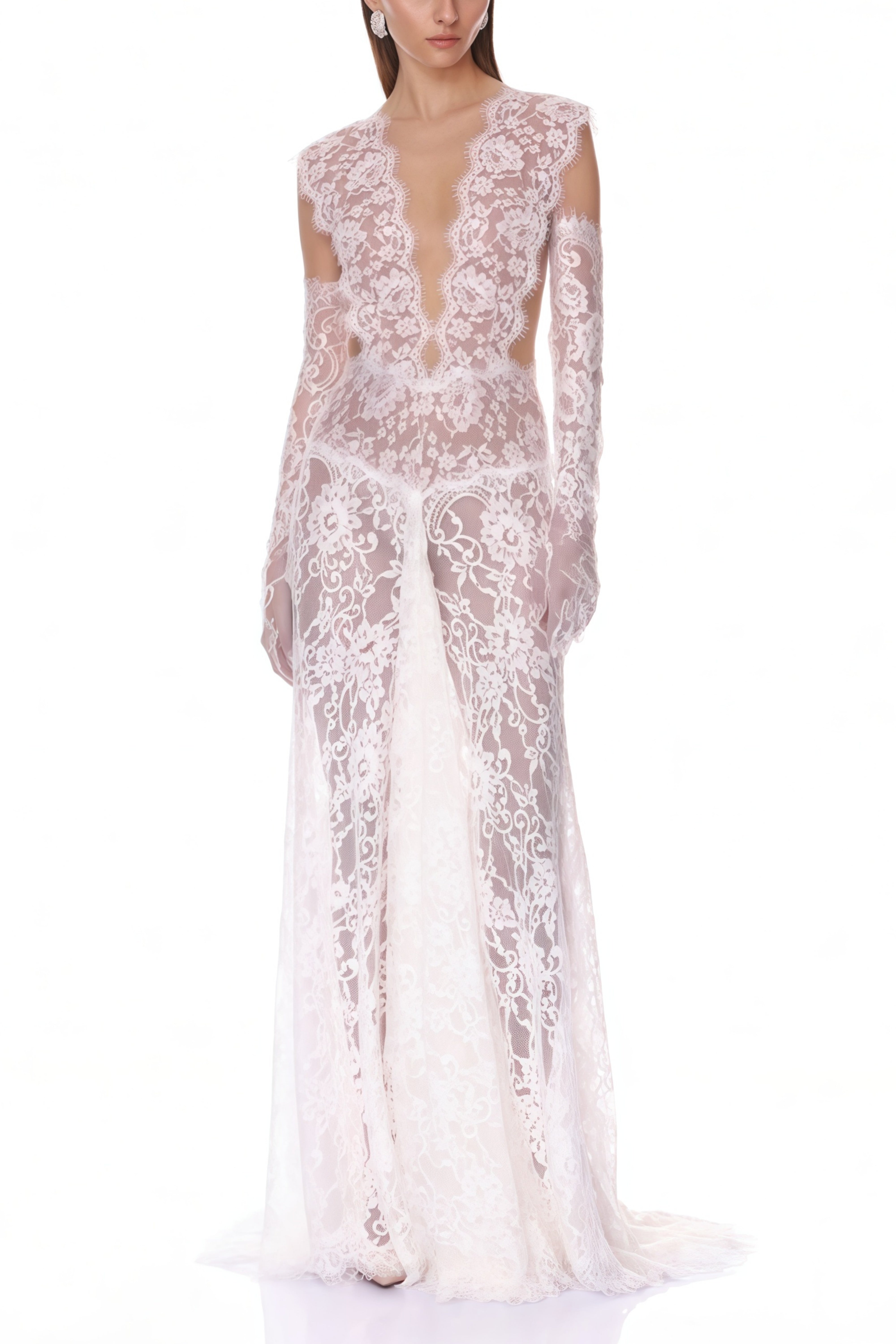 Hanna White Sheer Lace Maxi Dress with Deep V-Neck (Without Gloves)