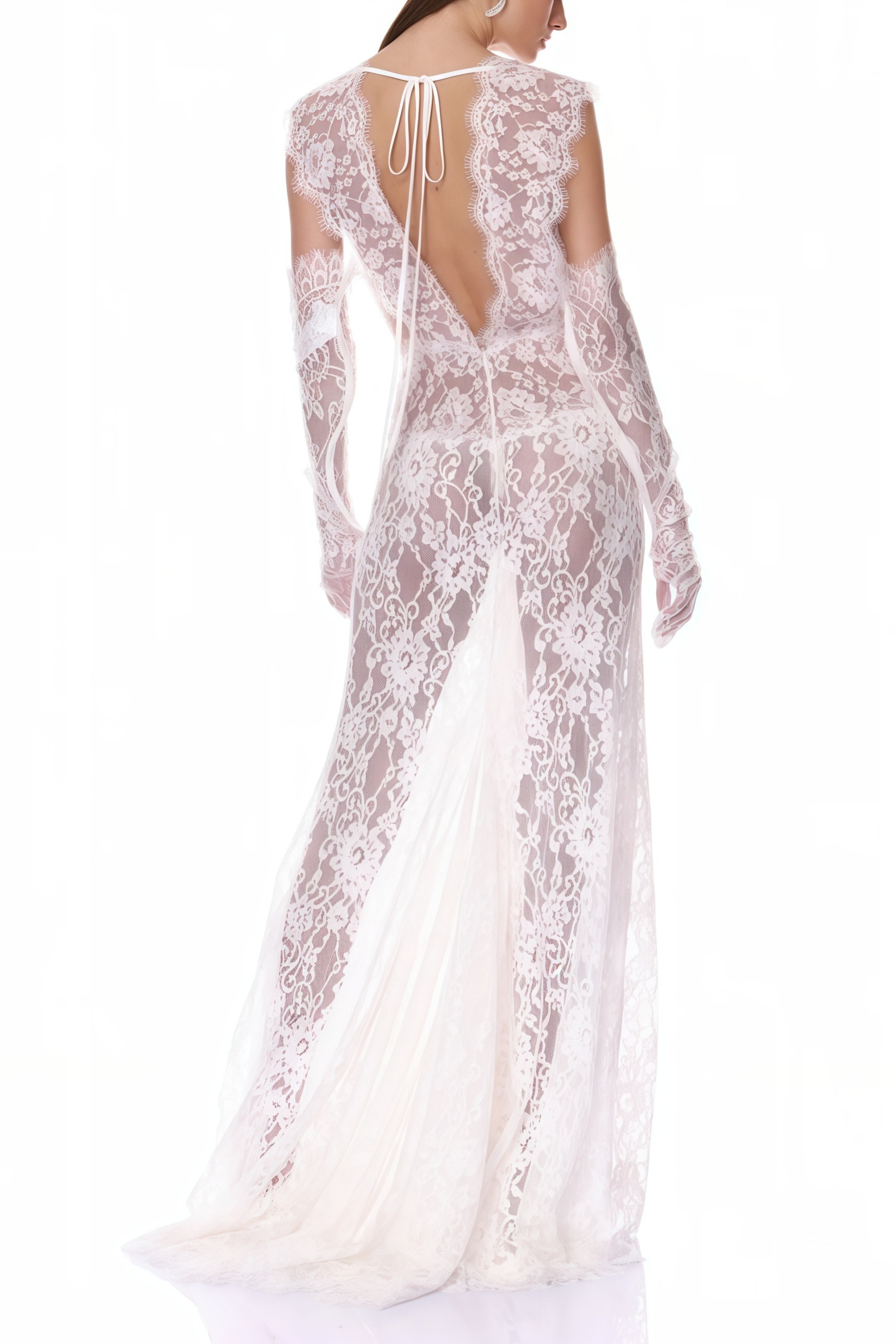 Hanna White Sheer Lace Maxi Dress with Deep V-Neck (Without Gloves)