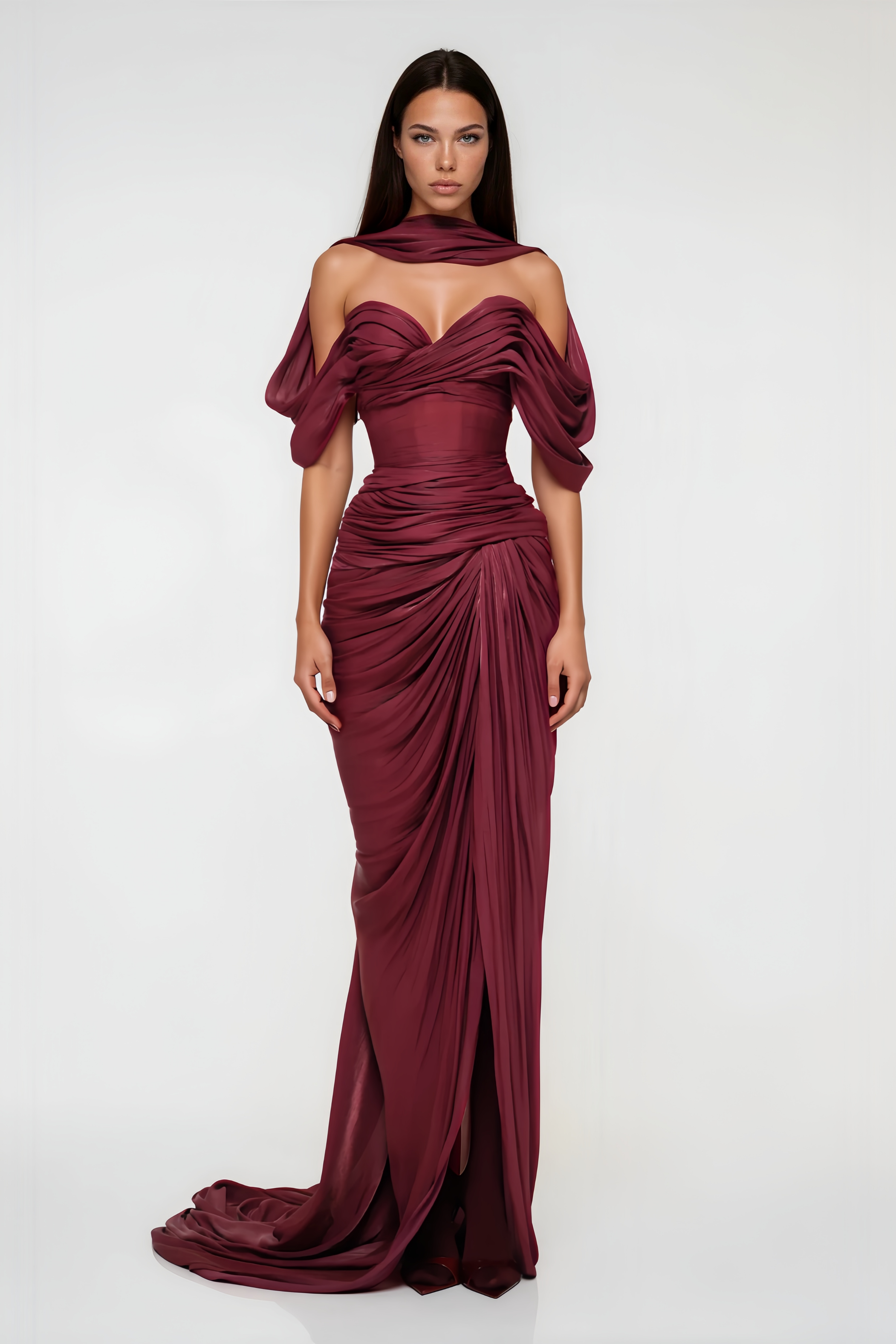 Hazel Burgundy Asymmetrical Draped Maxi Dress