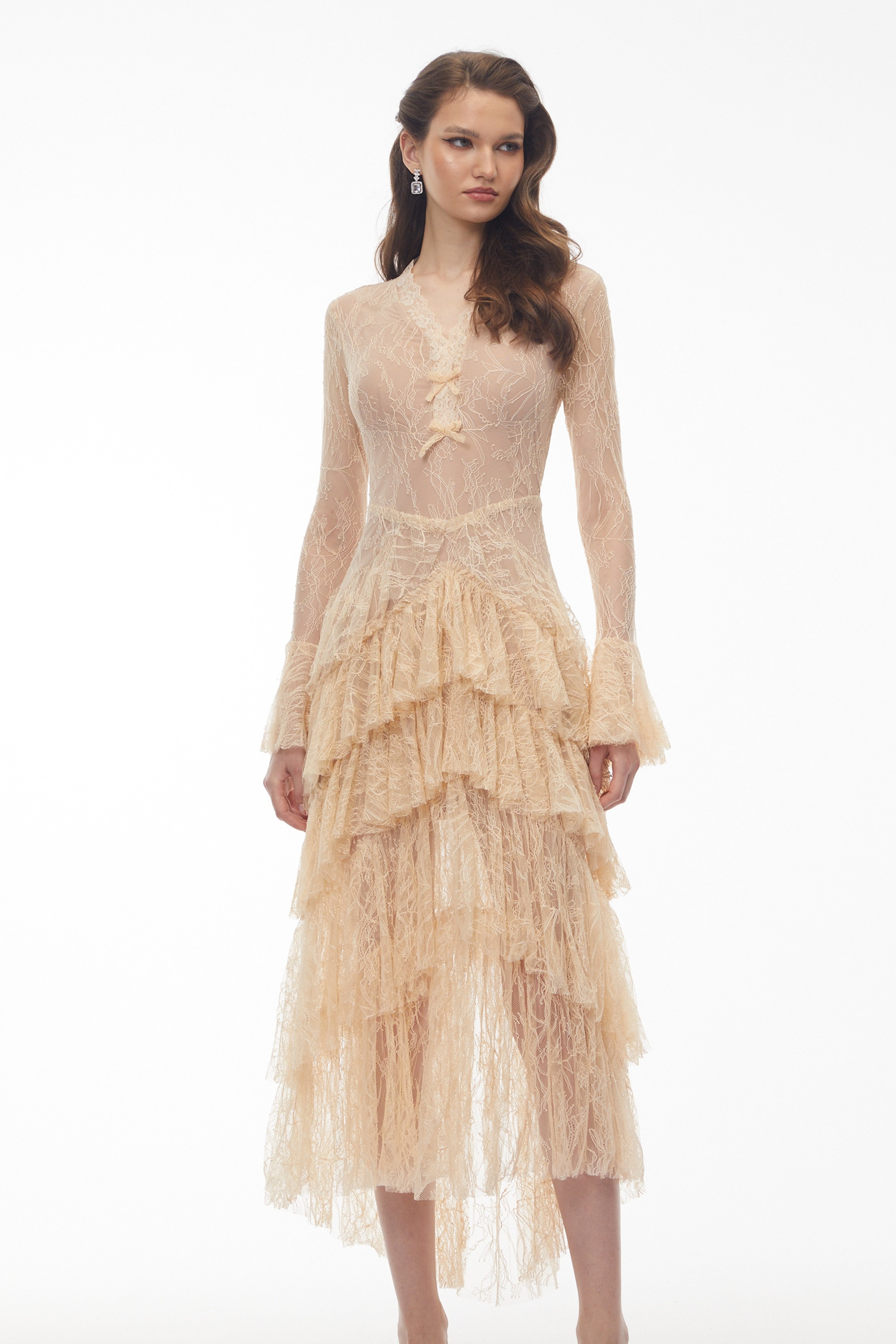 Humayma Beige Lace Tiered Midi Dress