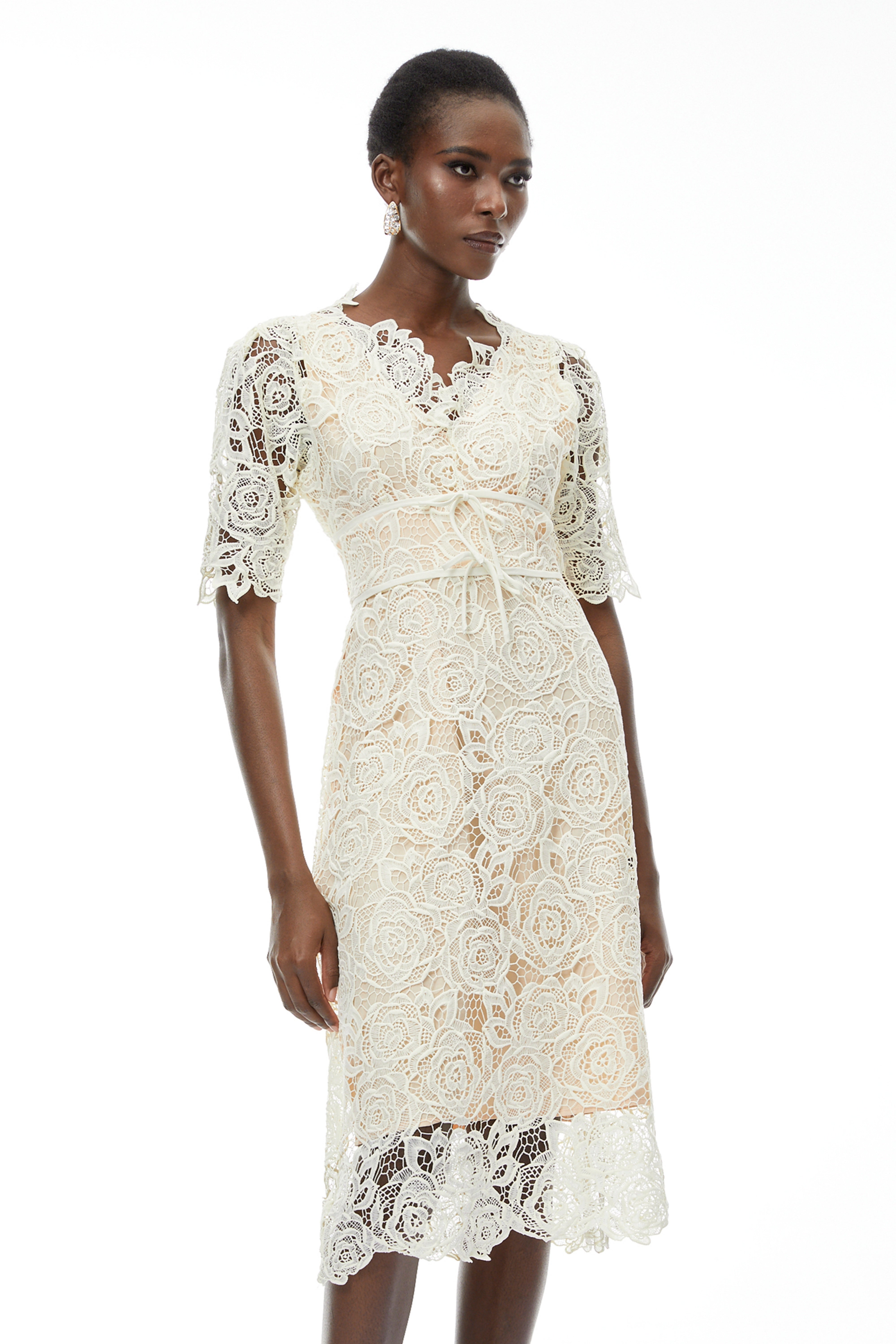 Hypatia Neutral Lace Embroidered Midi Dress