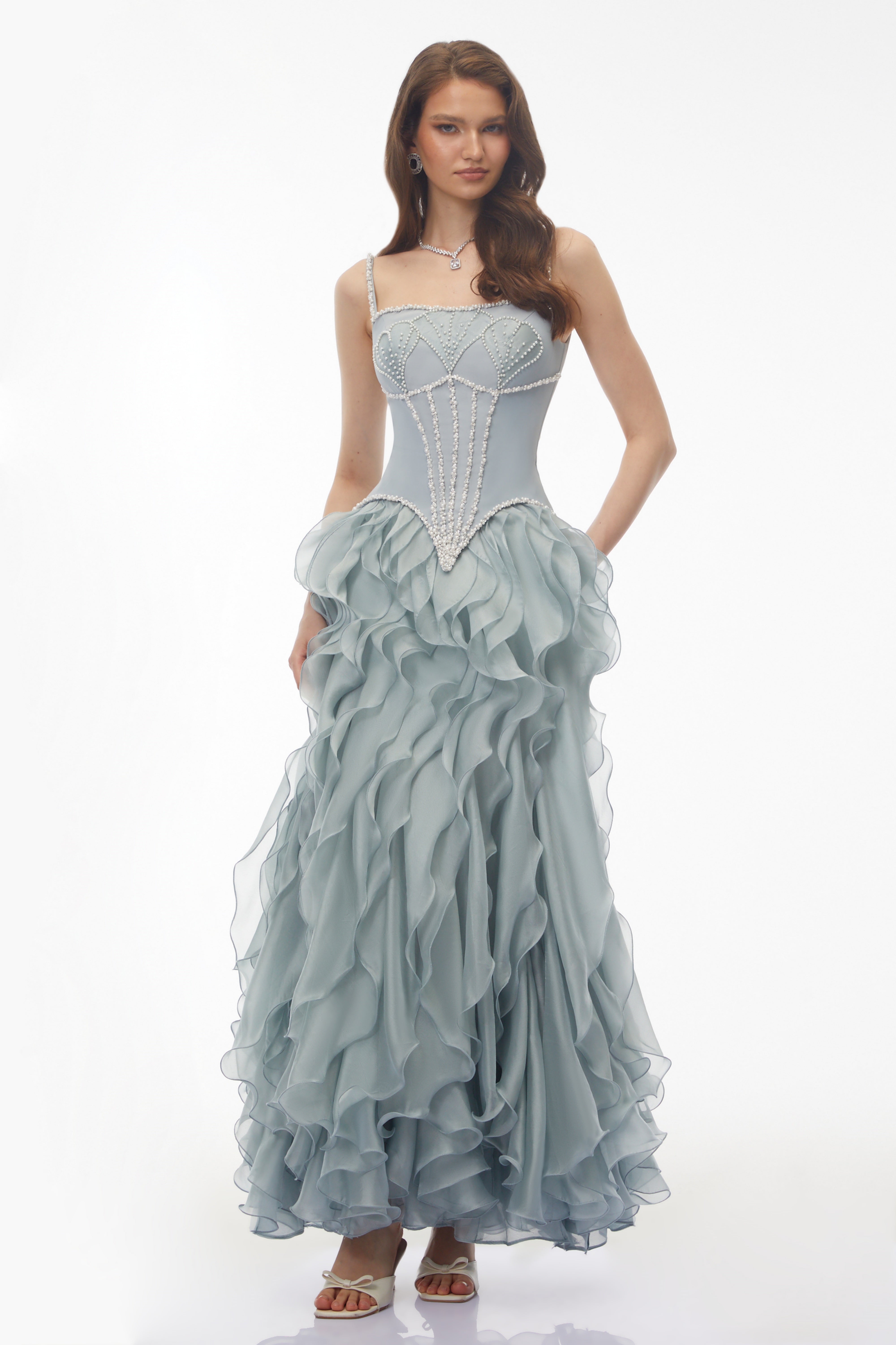 Ianthe Dusty Blue Ruffled Tulle Maxi Dress