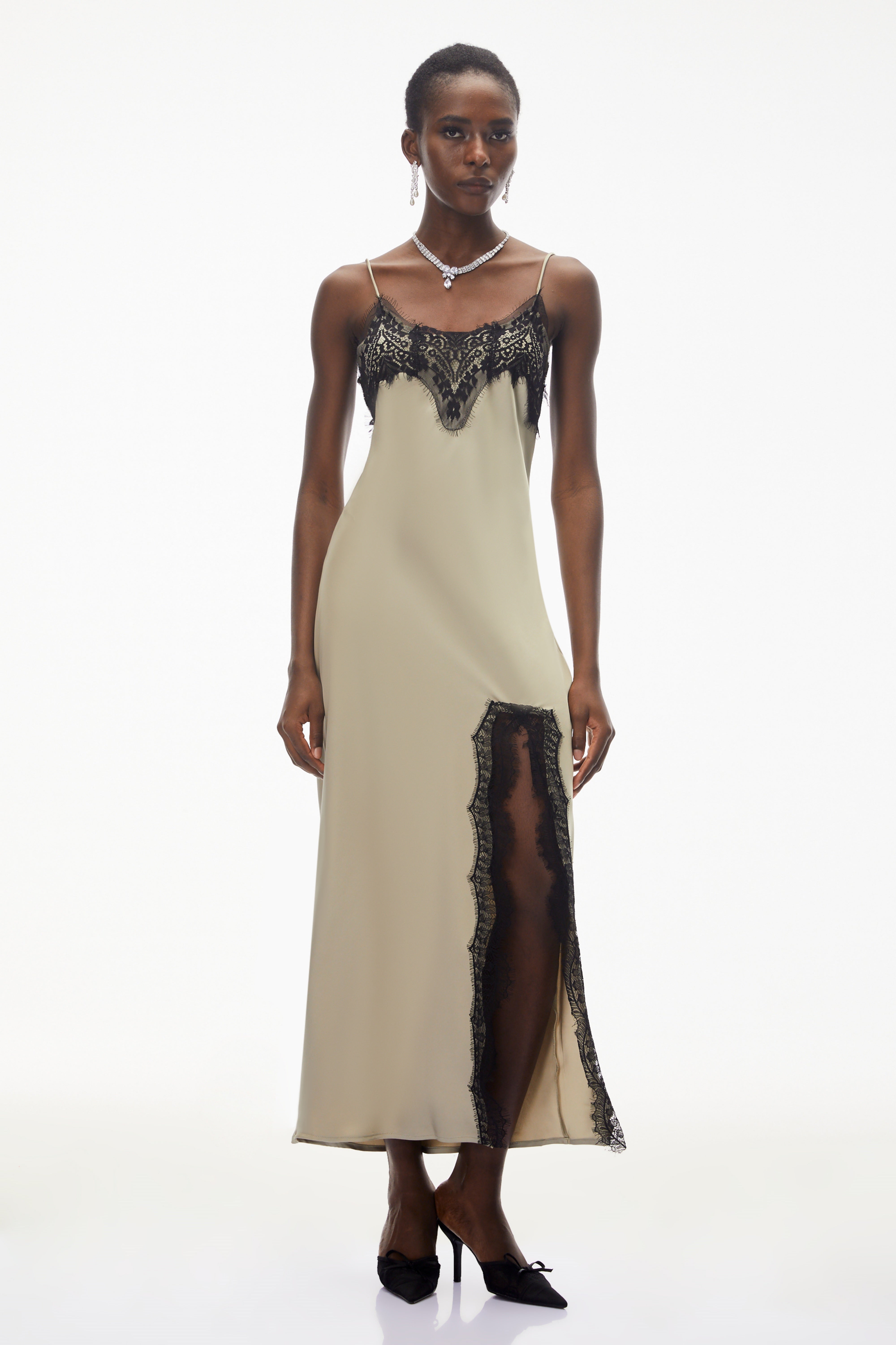 Ilmatar Sage Green Satin Maxi Dress with Lace Panels