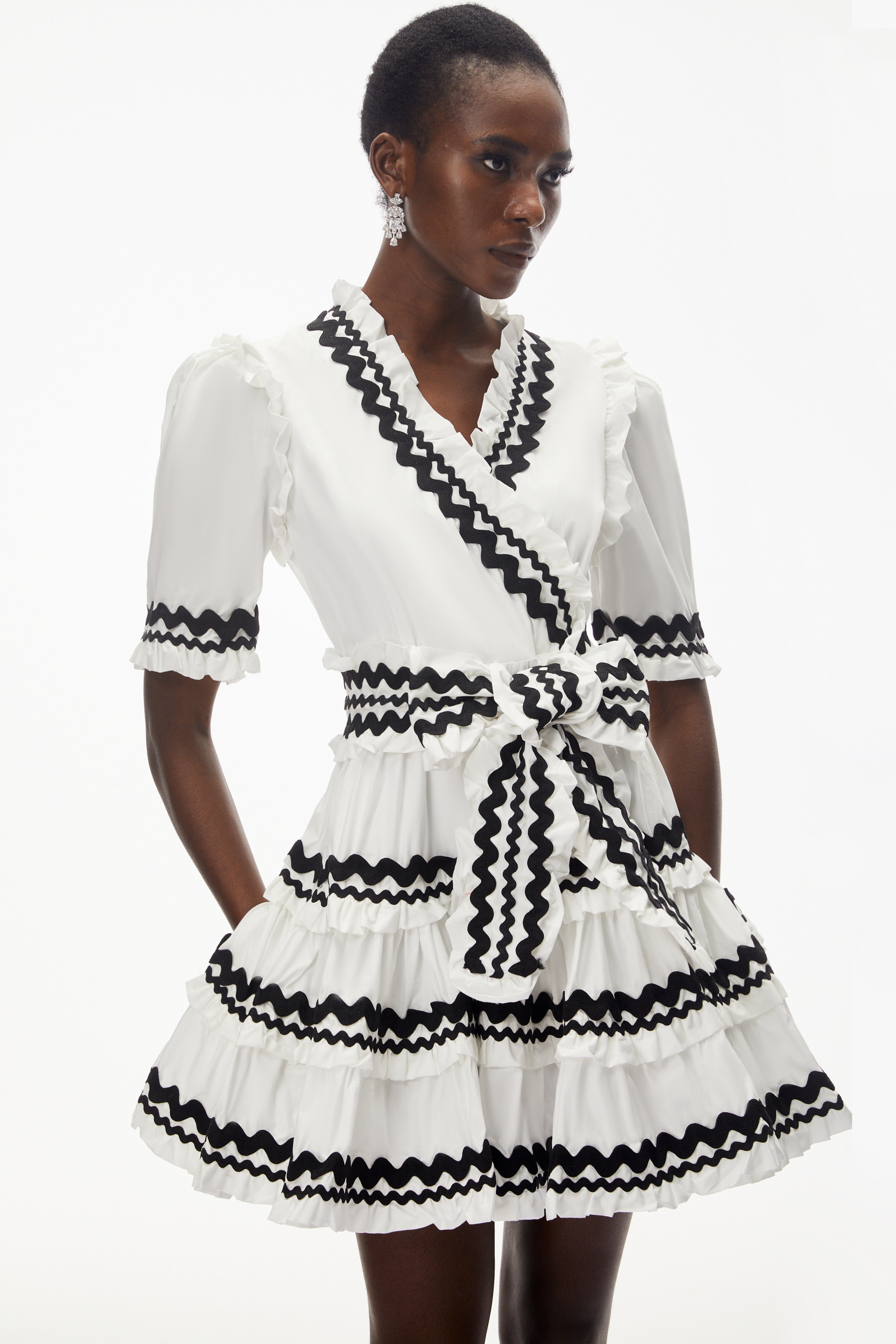 Inanna White V-Neck Ruffled Mini Dress