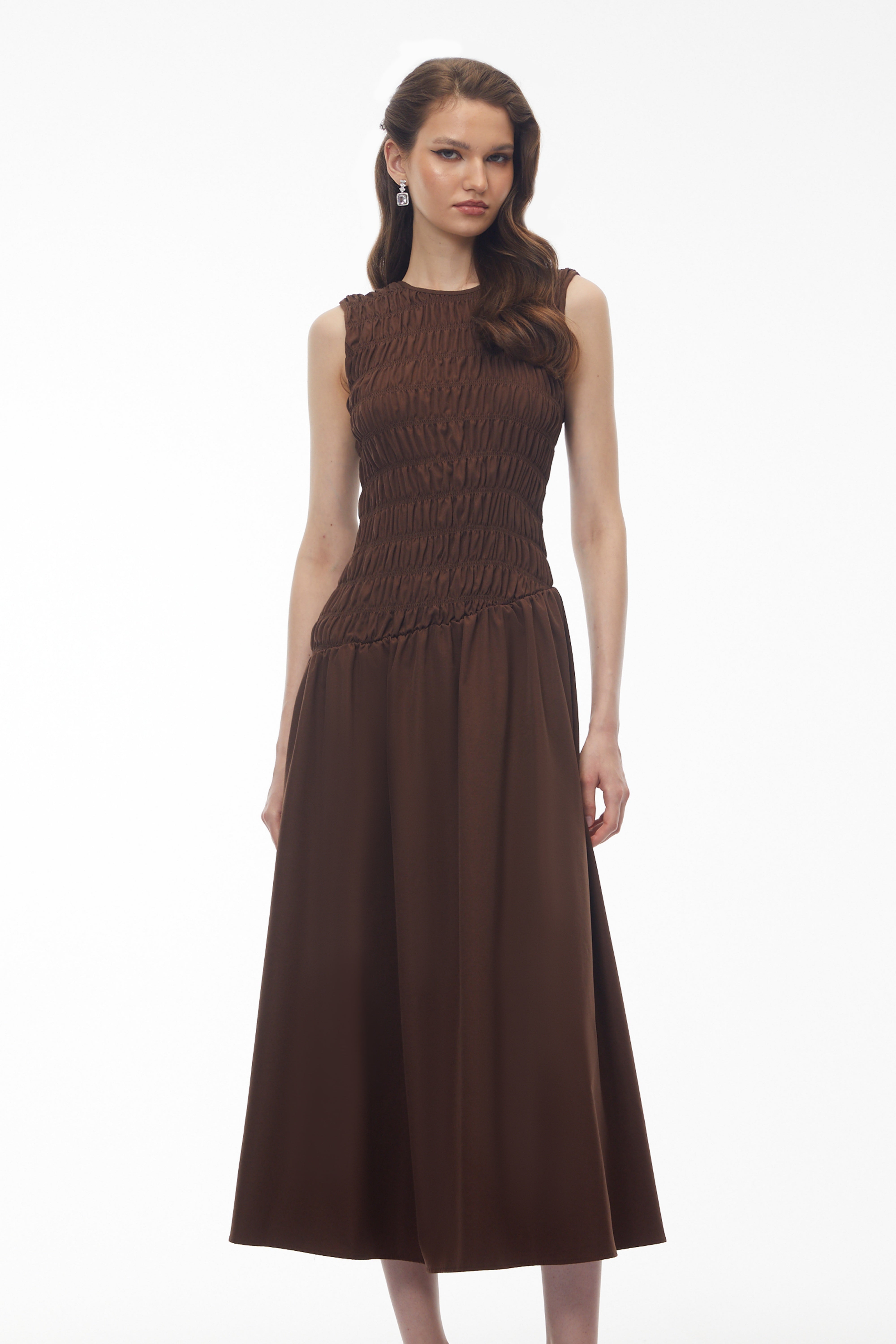 Iolanthe Chocolate Brown Asymmetrical Ruched Midi Dress